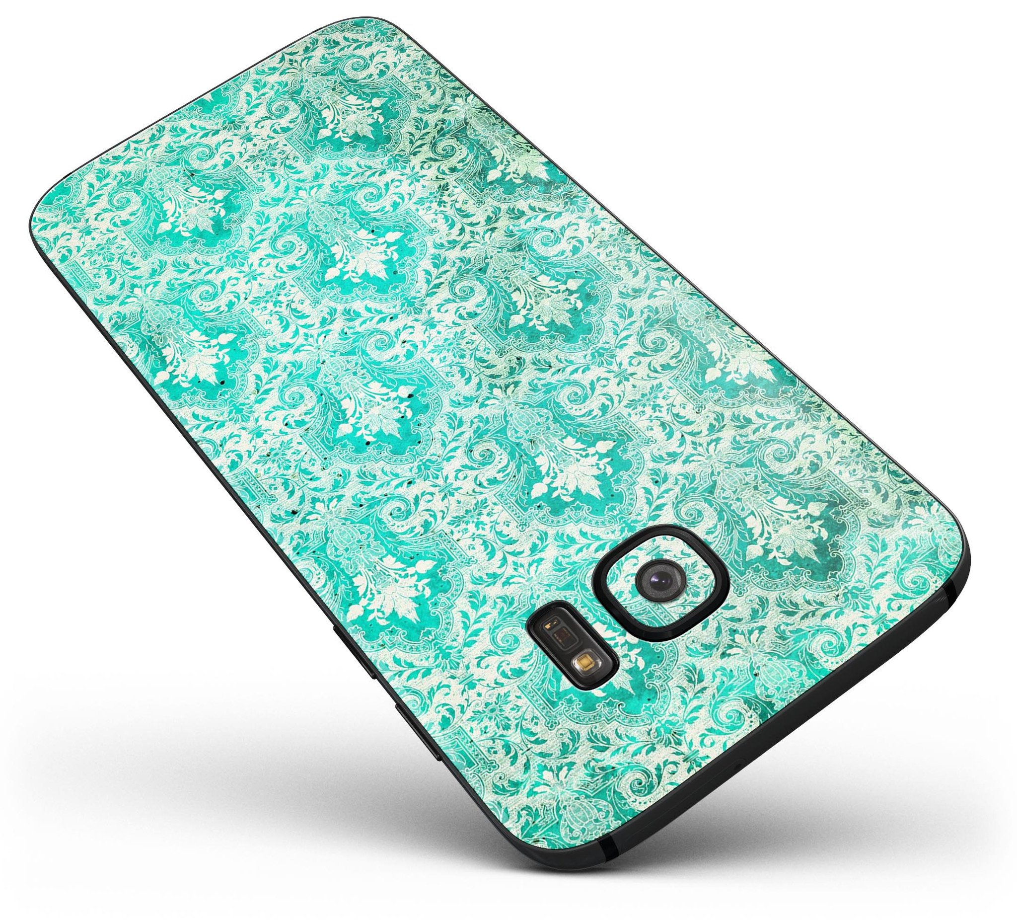 Grunge Teal Damask Pattern skin kit for Samsung Galaxy S7 and S7 Edge, showcasing vibrant design and premium vinyl material.