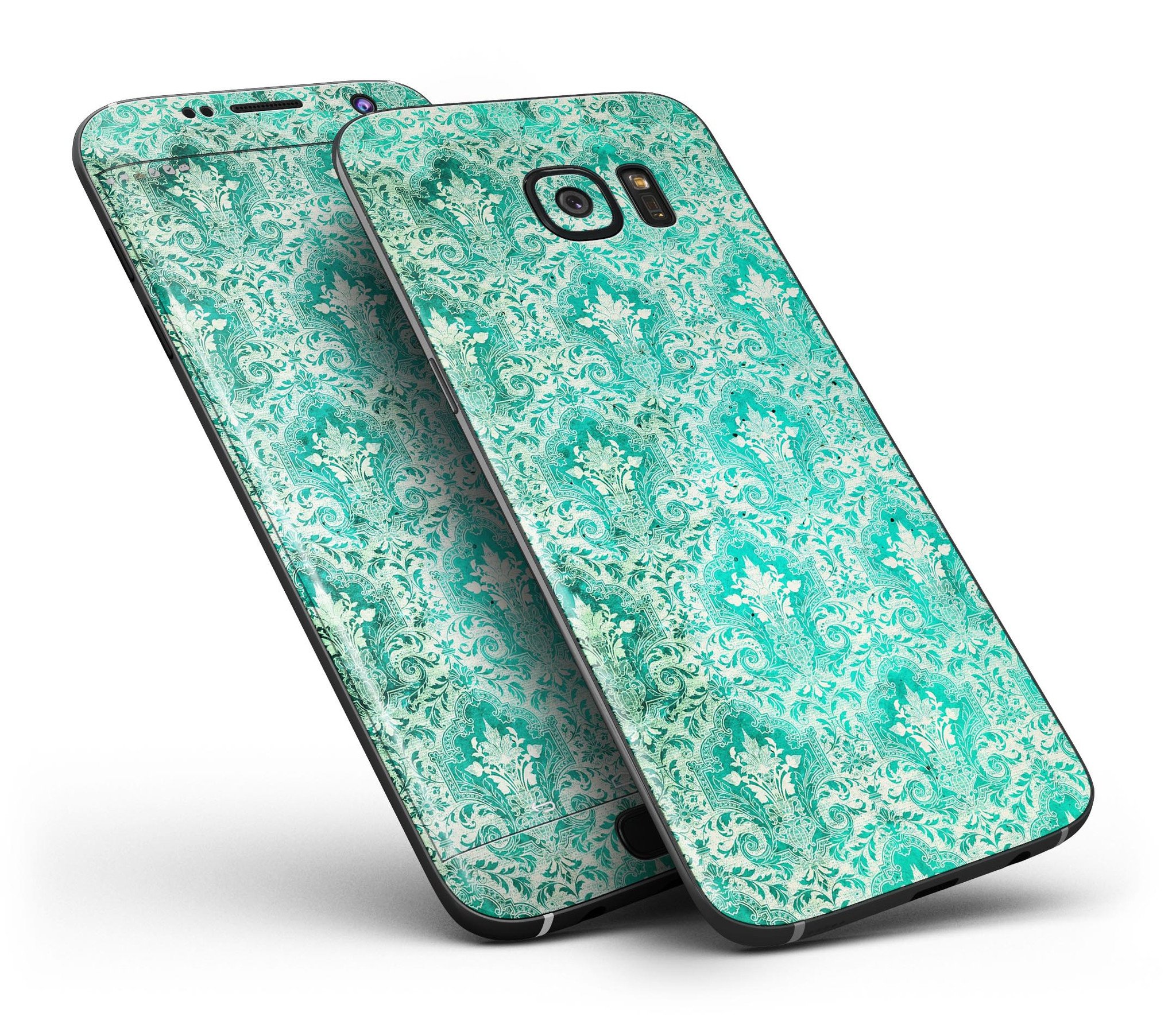 Grunge Teal Damask Pattern skin kit for Samsung Galaxy S7 and S7 Edge, showcasing vibrant design and premium vinyl material.
