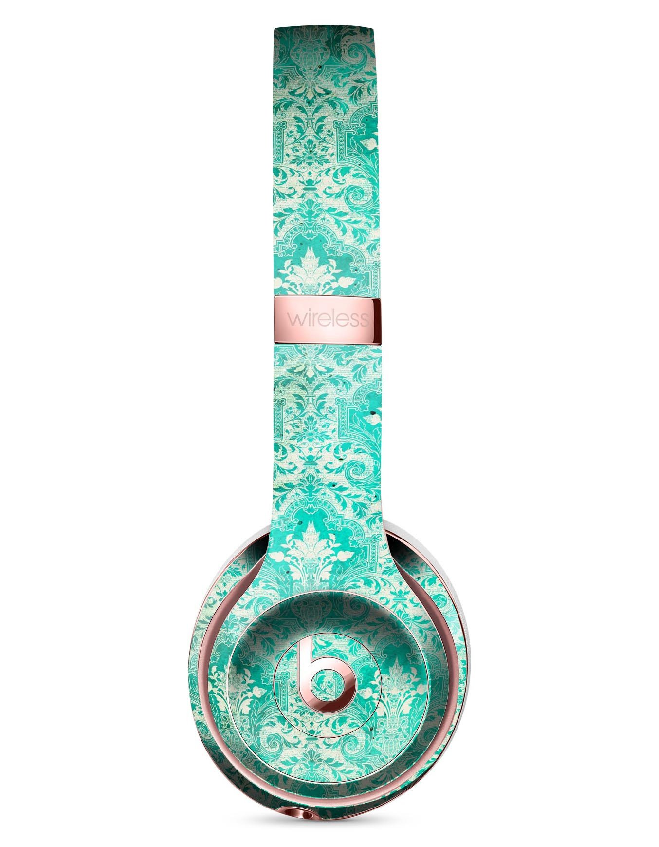 Grunge Teal Damask Pattern Full-Body Skin Kit for Beats by Dre Solo 3 Wireless Headphones, showcasing a stylish design and premium vinyl material.