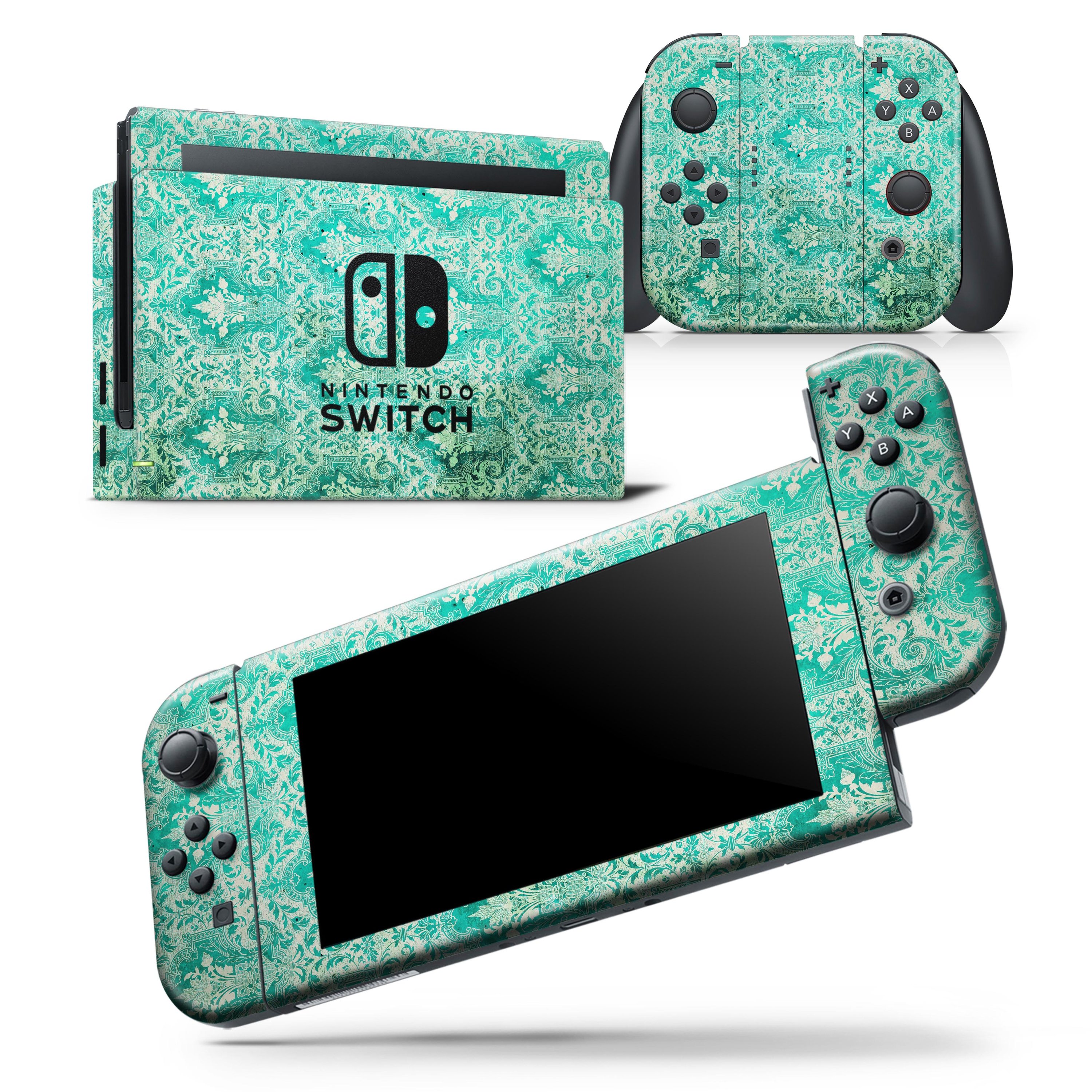 Grunge Teal Damask Pattern Skin Wrap Decal for Nintendo Switch Lite, showcasing a stylish design that fits snugly on the console and controllers.