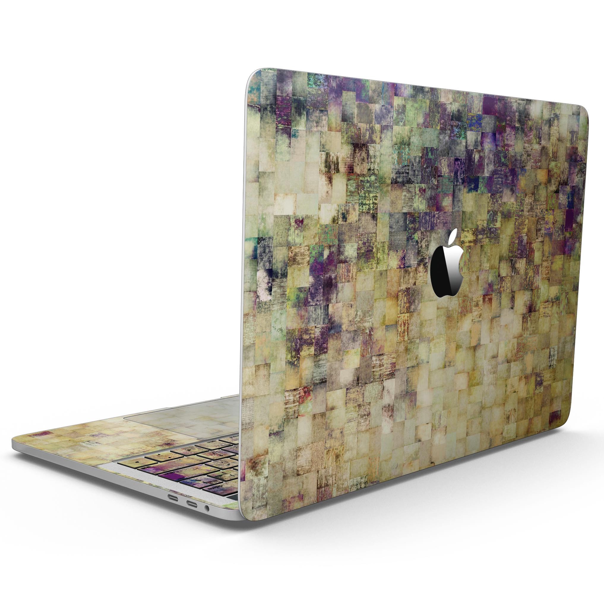 Grungy Abstract Purple Mosaic skin for MacBook Pro with Touch Bar, showcasing vibrant purple mosaic design on a sleek laptop.