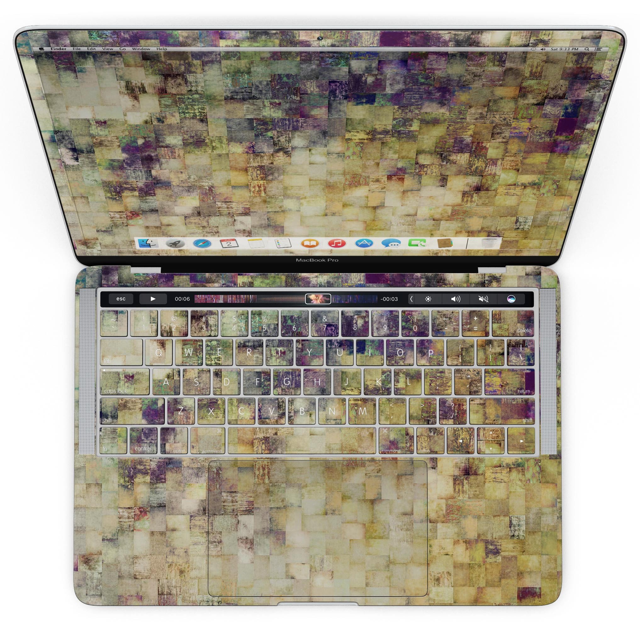 Grungy Abstract Purple Mosaic skin for MacBook Pro with Touch Bar, showcasing vibrant purple mosaic design on a sleek laptop.