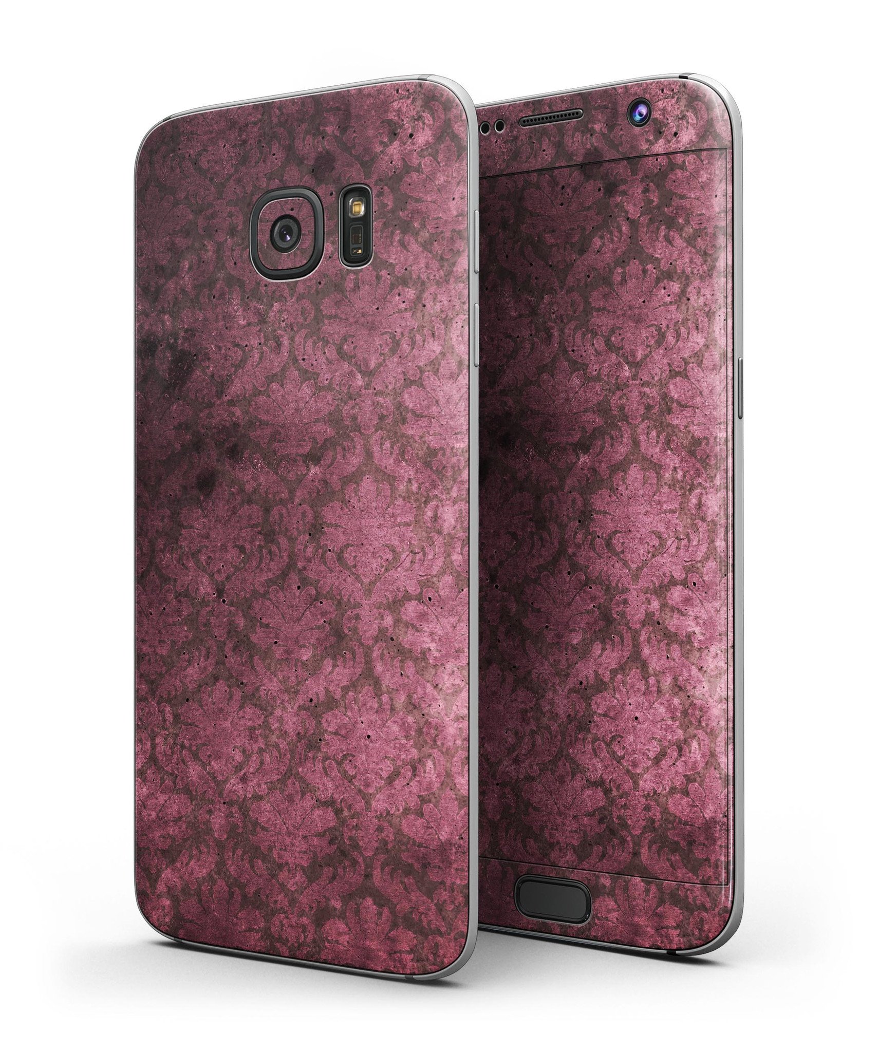 Grungy Black and Maroon Damask Pattern skin kit for Samsung Galaxy S7/S7 Edge, showcasing a stylish design and premium vinyl material.