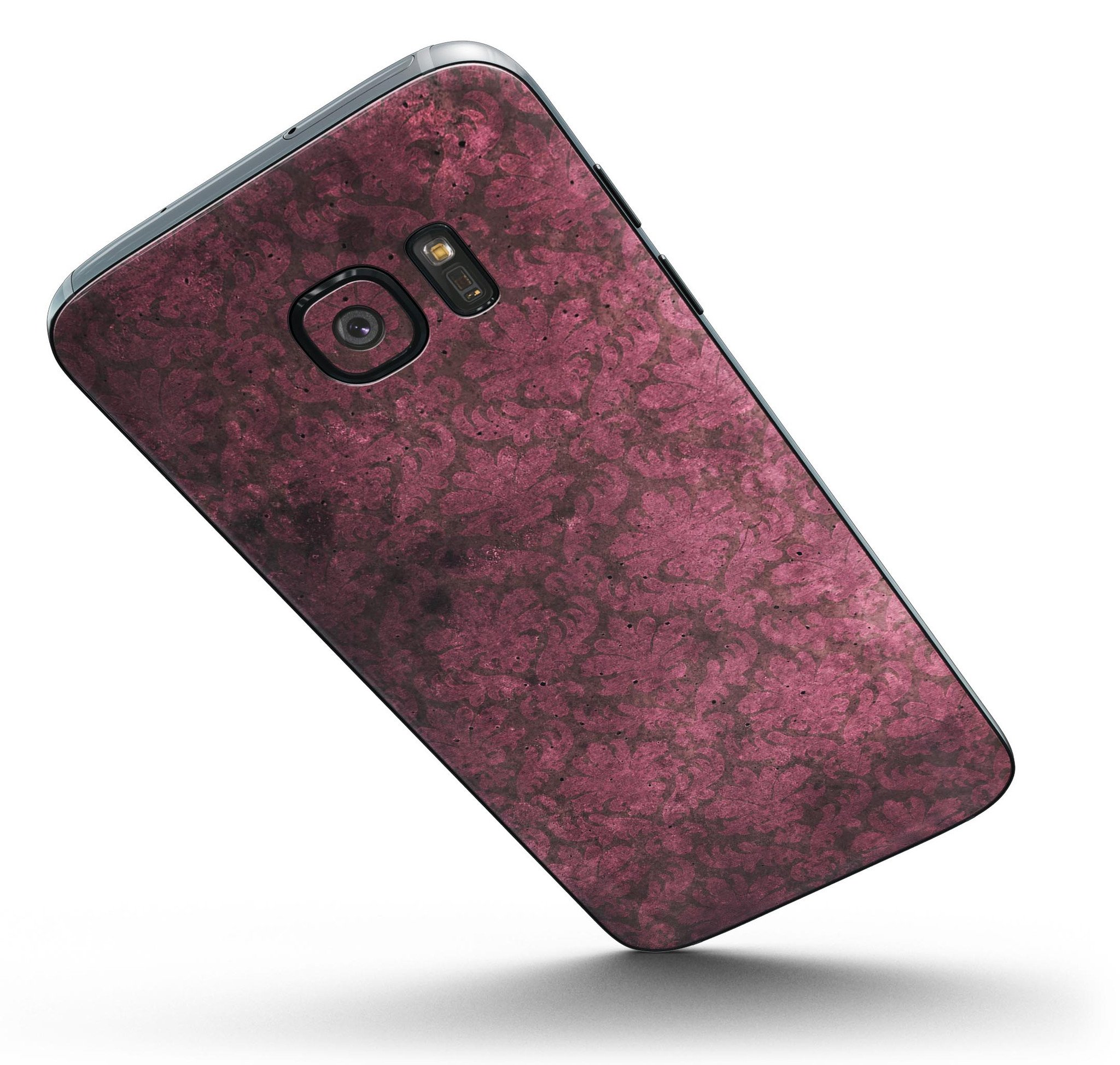 Grungy Black and Maroon Damask Pattern skin kit for Samsung Galaxy S7/S7 Edge, showcasing a stylish design and premium vinyl material.