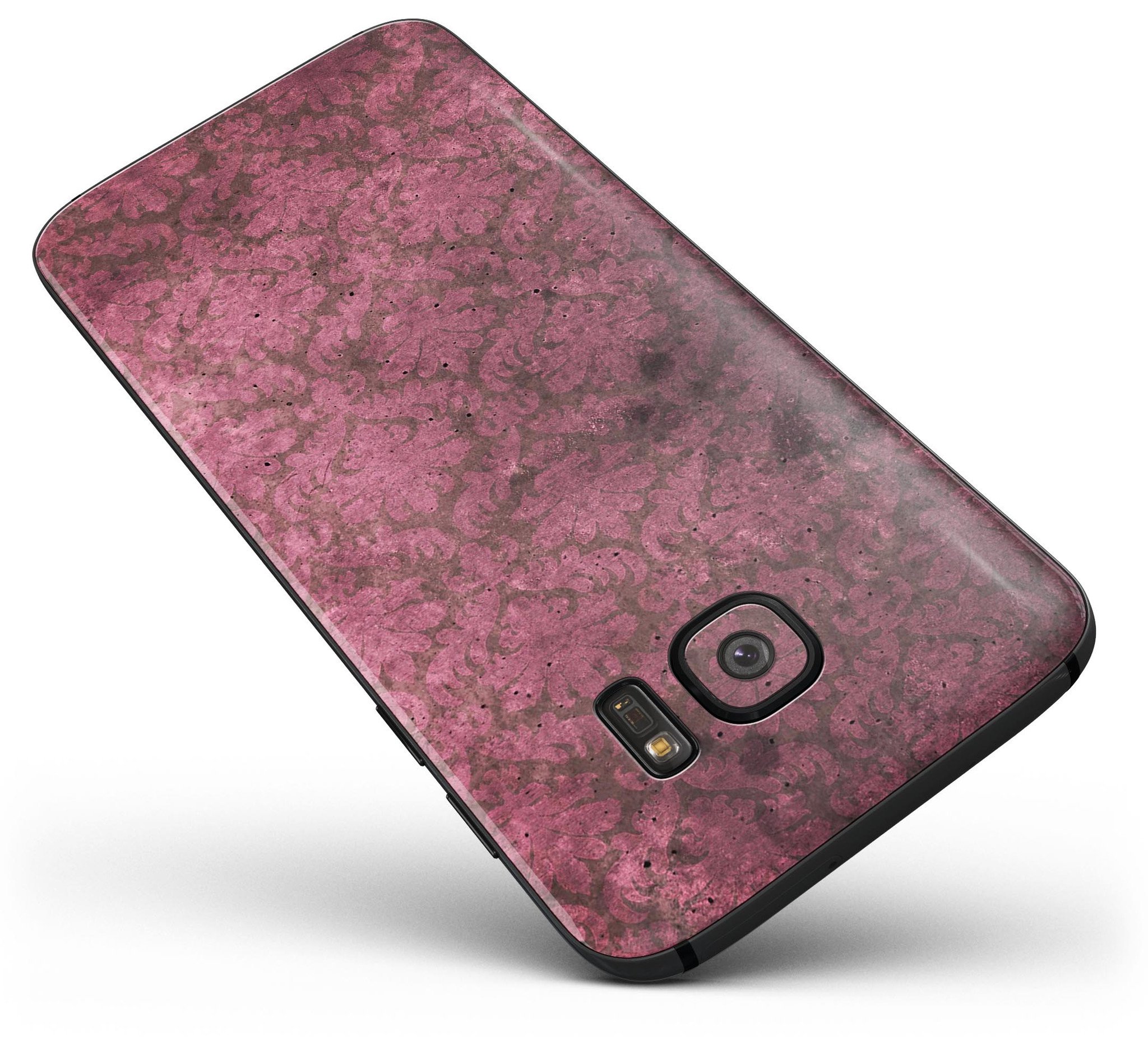 Grungy Black and Maroon Damask Pattern skin kit for Samsung Galaxy S7/S7 Edge, showcasing a stylish design and premium vinyl material.