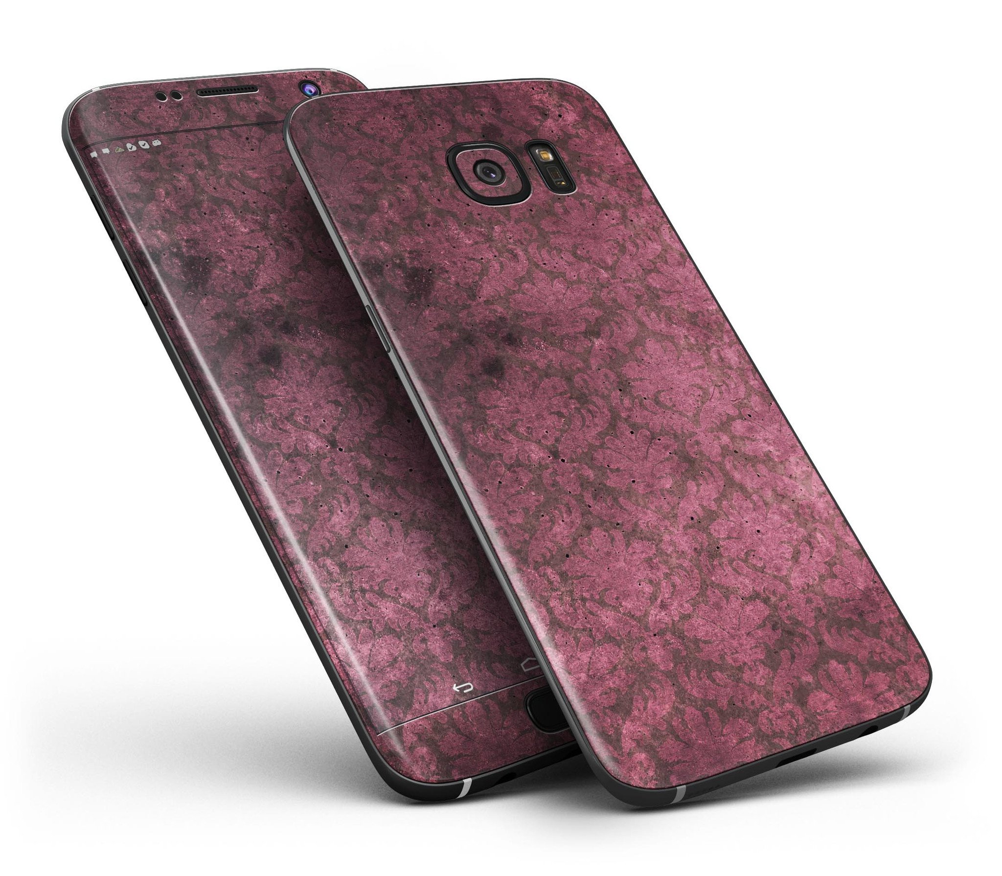 Grungy Black and Maroon Damask Pattern skin kit for Samsung Galaxy S7/S7 Edge, showcasing a stylish design and premium vinyl material.
