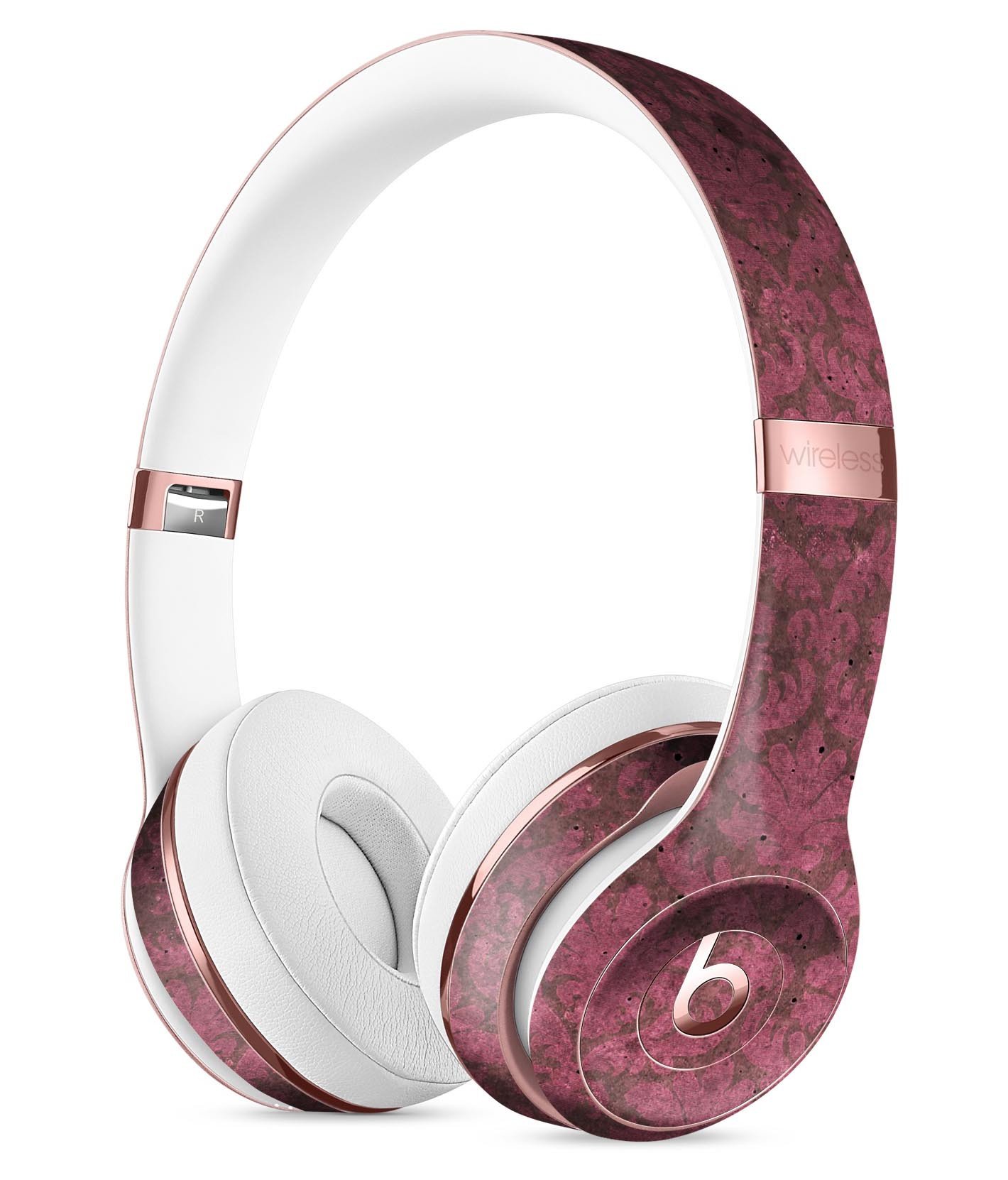 Grungy Black and Maroon Damask Pattern Skin Kit for Beats by Dre Solo 3 Wireless Headphones, showcasing intricate design and premium vinyl material.
