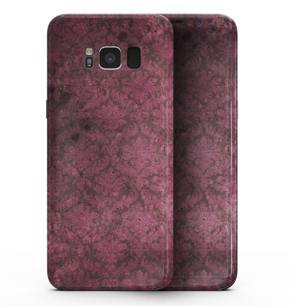 Samsung Galaxy S8 with Grungy Black and Maroon Damask Pattern skin, showcasing its stylish design and full-body coverage.