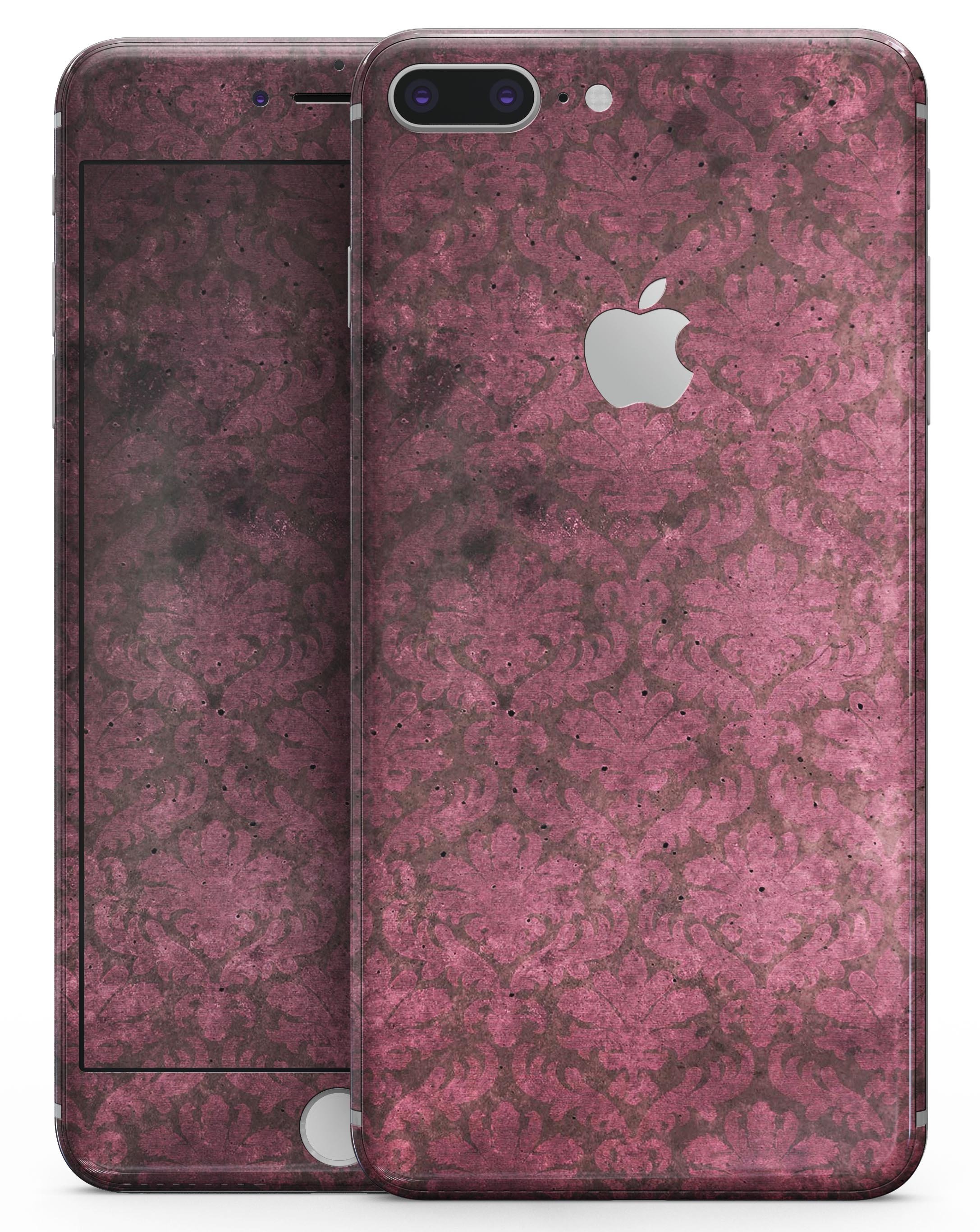 Grungy Black and Maroon Damask Pattern skin for iPhone 8 or 8 Plus, showcasing intricate design and premium vinyl material.