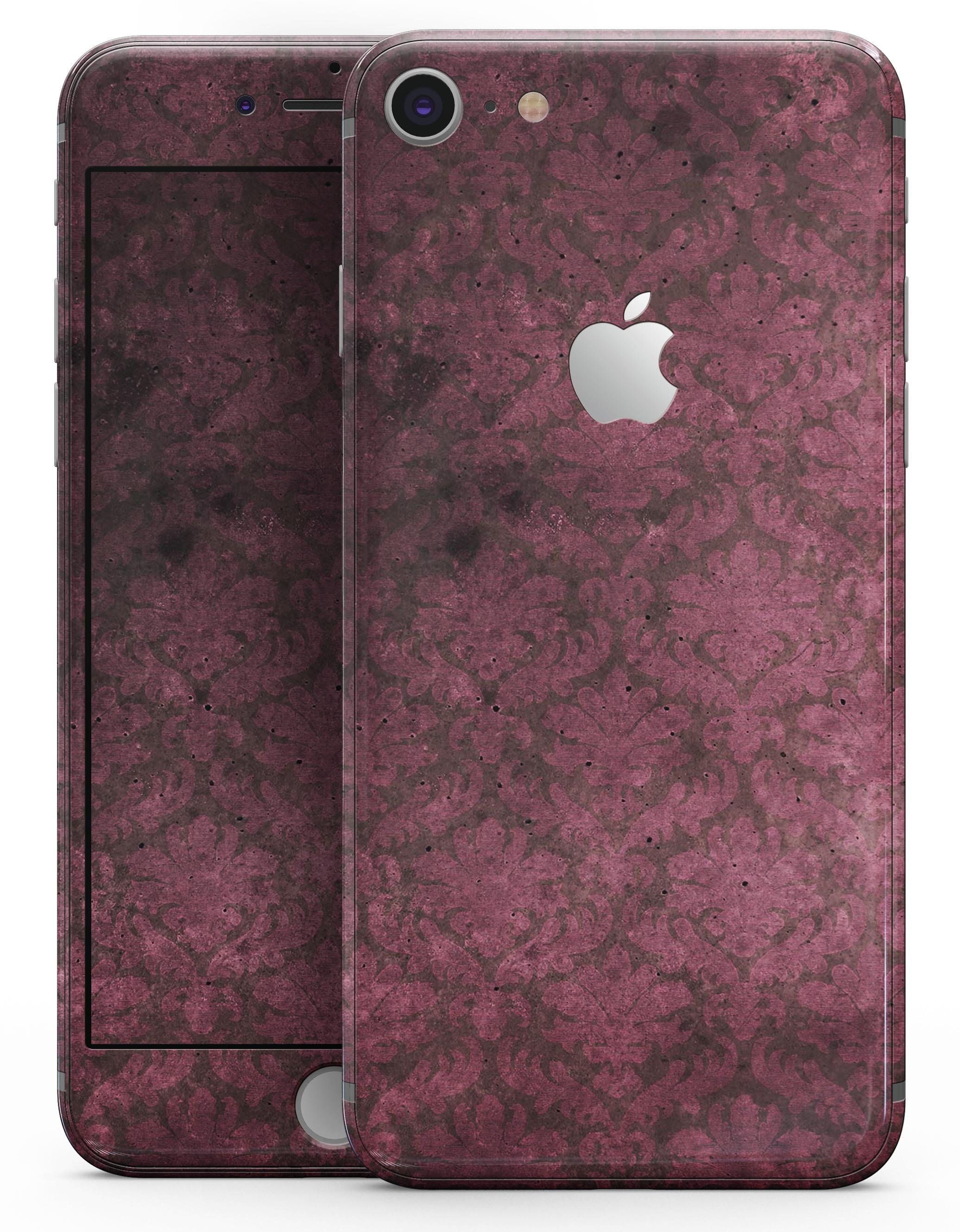 Grungy Black and Maroon Damask Pattern skin for iPhone 8 or 8 Plus, showcasing intricate design and premium vinyl material.