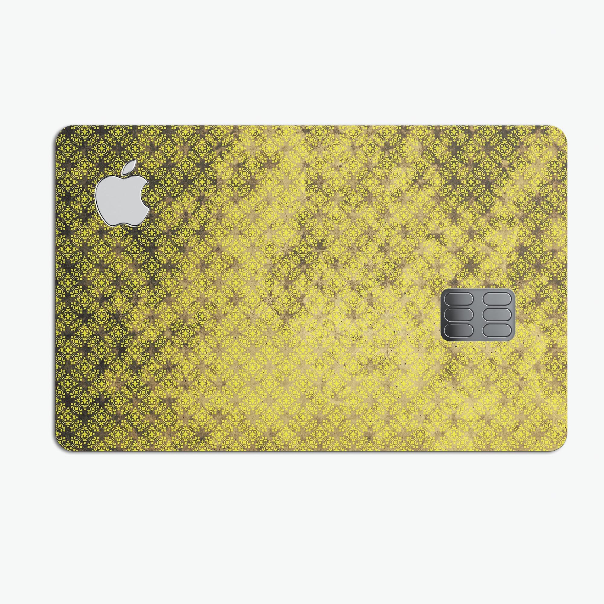 Grungy Black and Yellow Rococo Pattern Premium Protective Decal for Apple Card, showcasing its vibrant design and protective features.