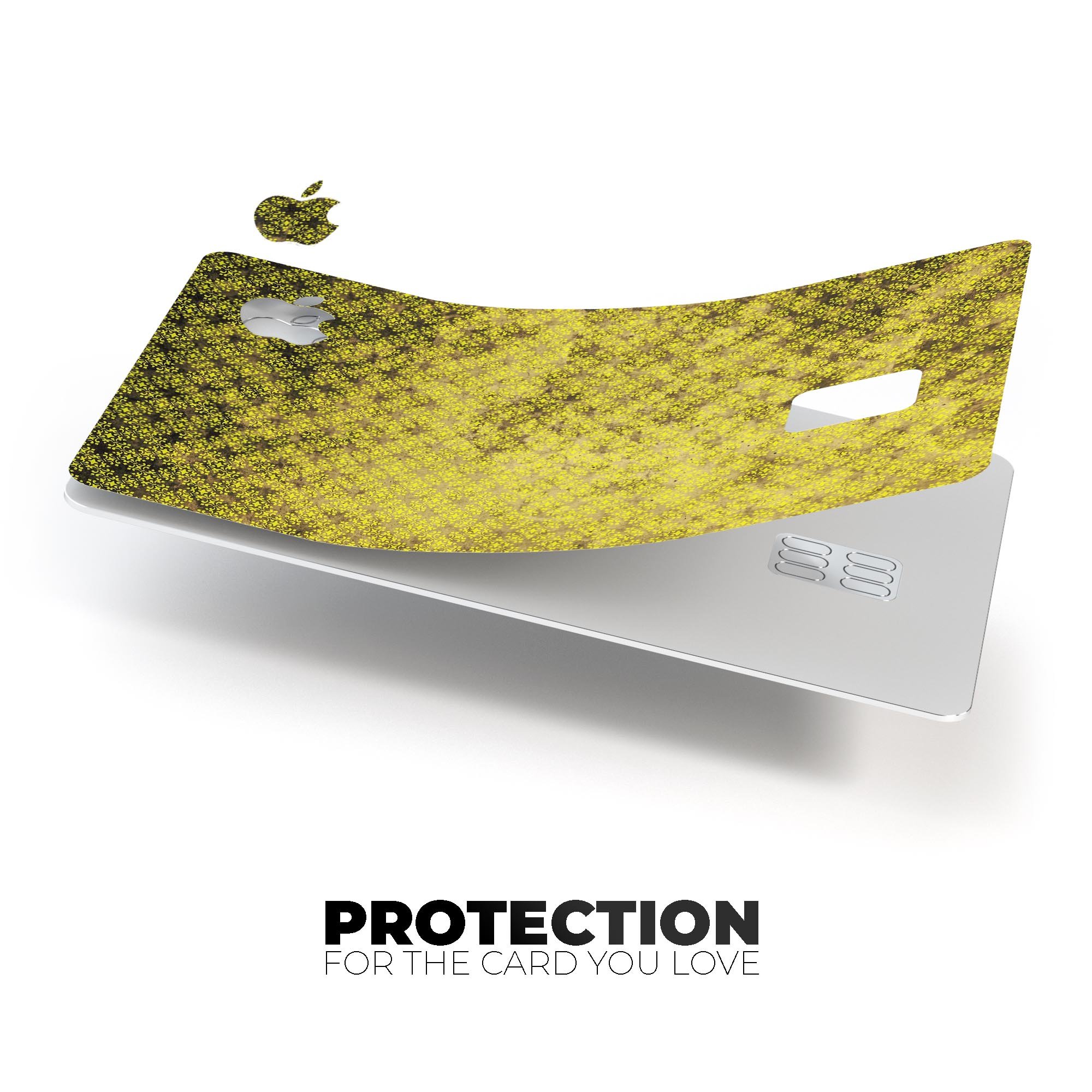 Grungy Black and Yellow Rococo Pattern Premium Protective Decal for Apple Card, showcasing its vibrant design and protective features.