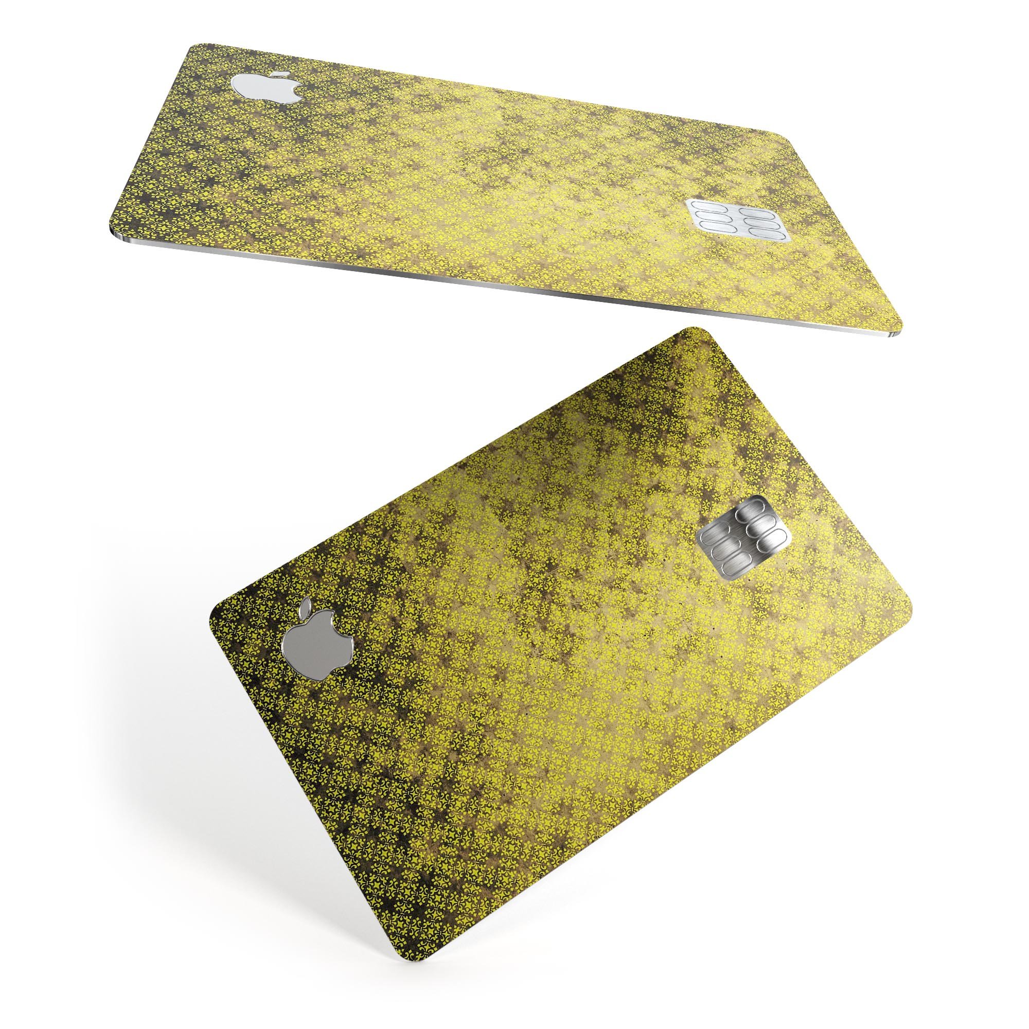 Grungy Black and Yellow Rococo Pattern Premium Protective Decal for Apple Card, showcasing its vibrant design and protective features.