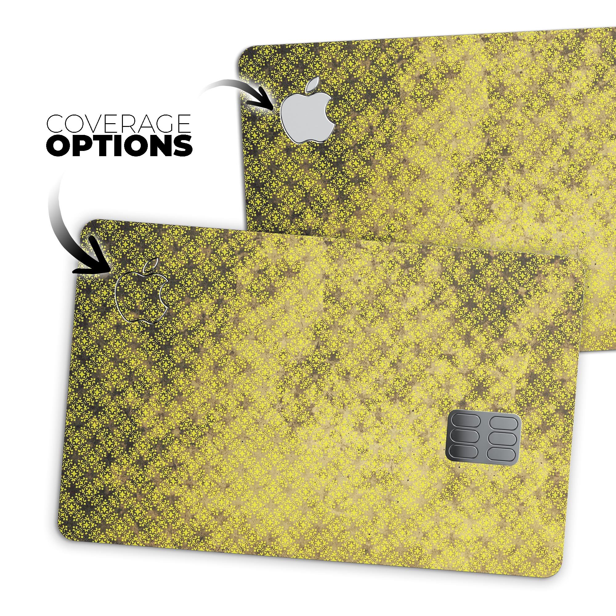 Grungy Black and Yellow Rococo Pattern Premium Protective Decal for Apple Card, showcasing its vibrant design and protective features.