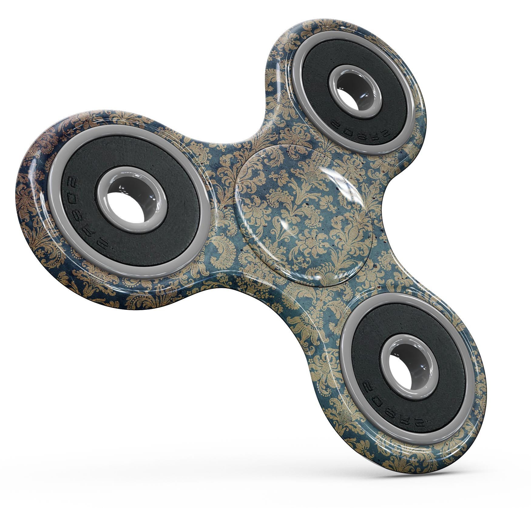 Grungy Blue and Tan Rococo Pattern Full-Body Fidget Spinner Skin-Kit showcasing its vibrant design and premium vinyl material.