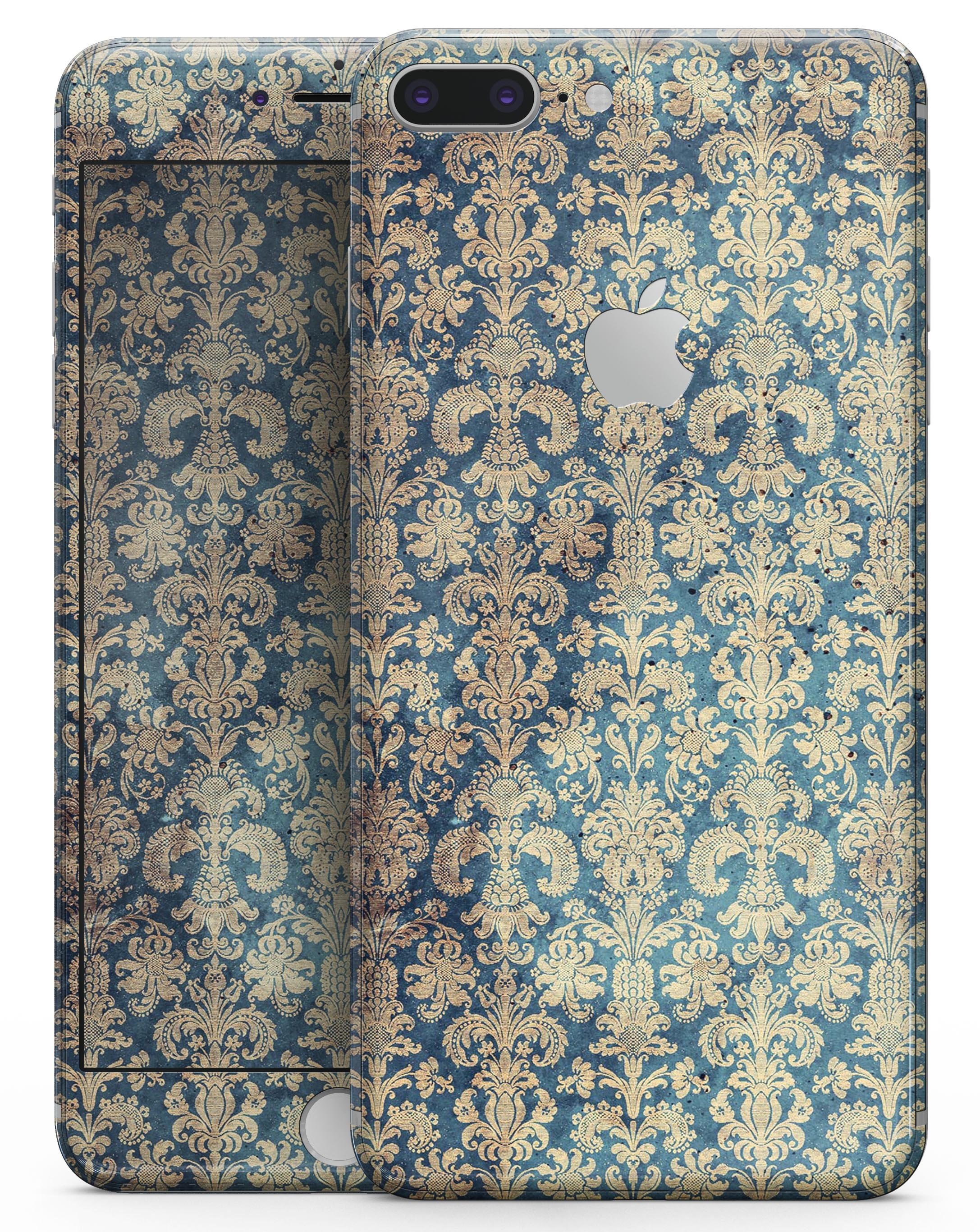 Grungy Blue and Tan Rococo Pattern skin for iPhone 8 and 8 Plus, showcasing intricate design and vibrant colors.