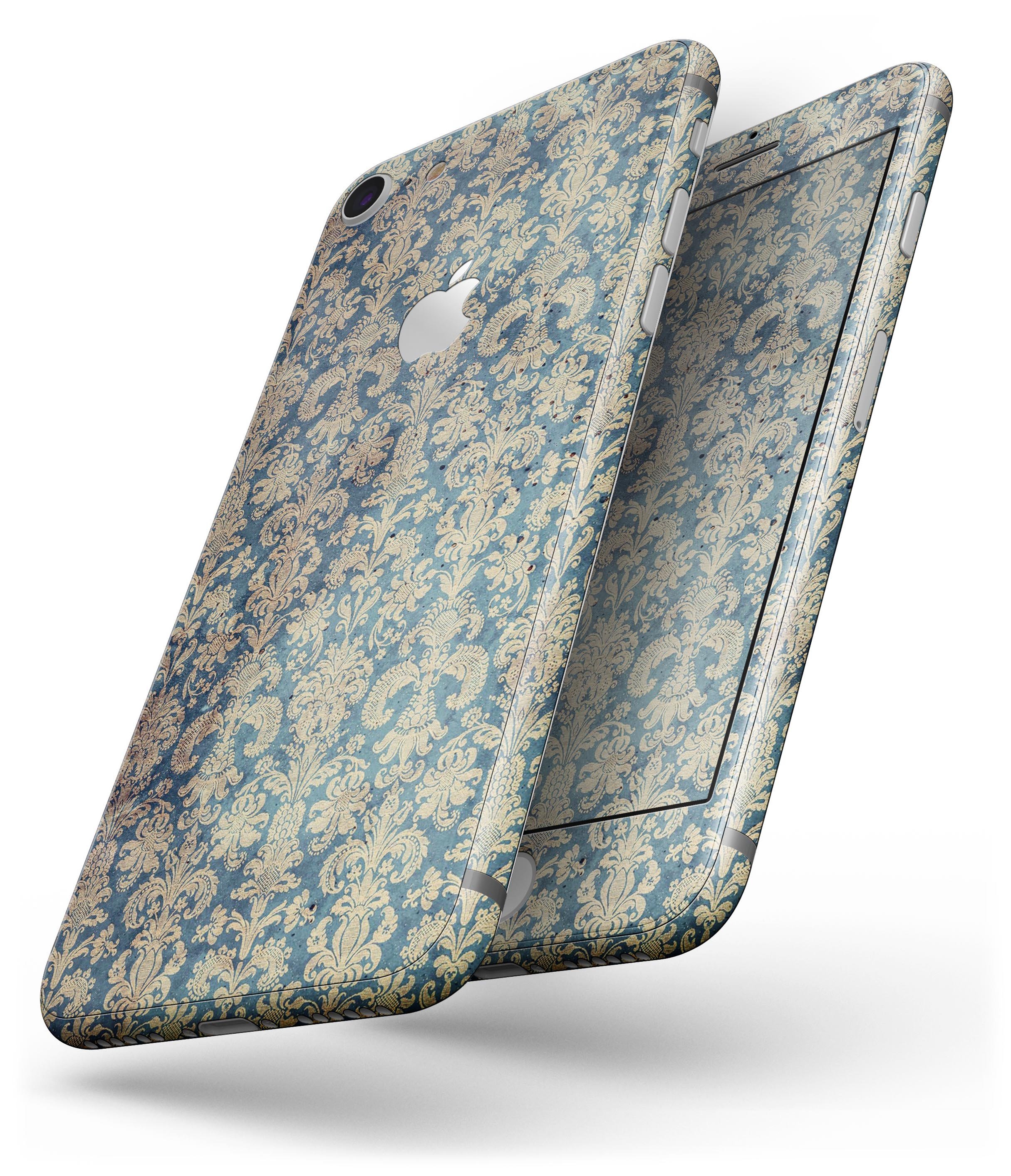 Grungy Blue and Tan Rococo Pattern skin for iPhone 8 and 8 Plus, showcasing intricate design and vibrant colors.