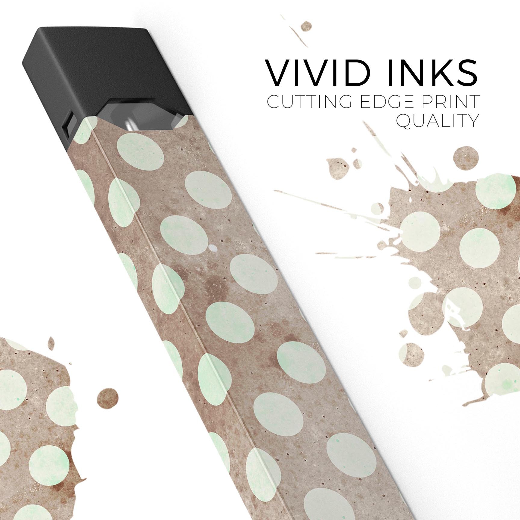 Grungy brown and white polka dots skin-wrap for JUUL vaping device, showcasing a stylish design and protective features.