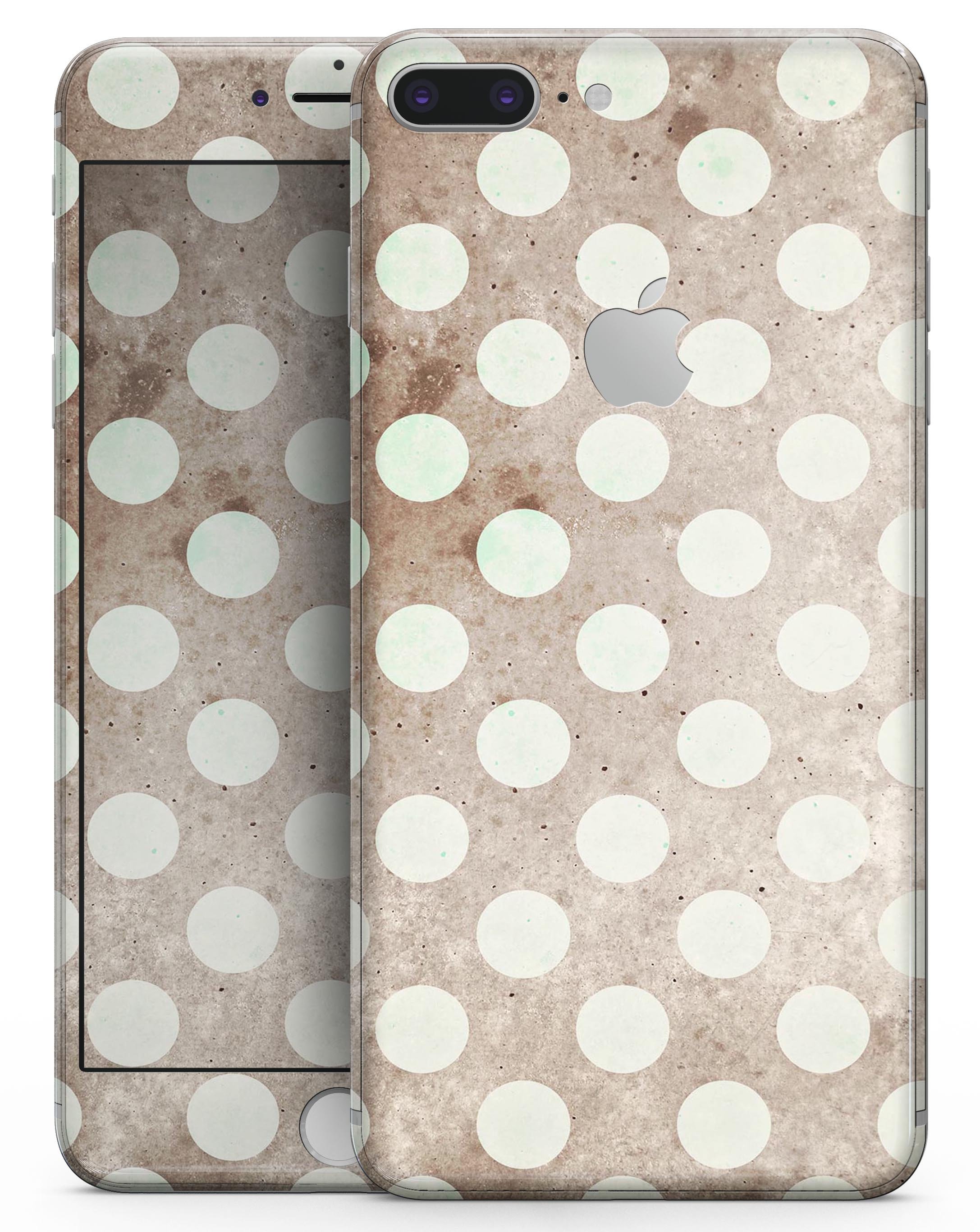 Grungy brown and white polka dots skin-kit for iPhone 8 and 8 Plus, showcasing a stylish design that enhances device appearance.