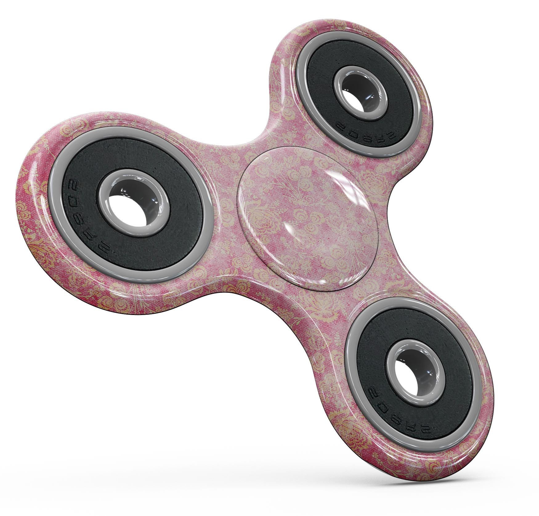 A full-body fidget spinner skin featuring a grungy floral pattern over a scratched pink background, showcasing vibrant colors and intricate designs.