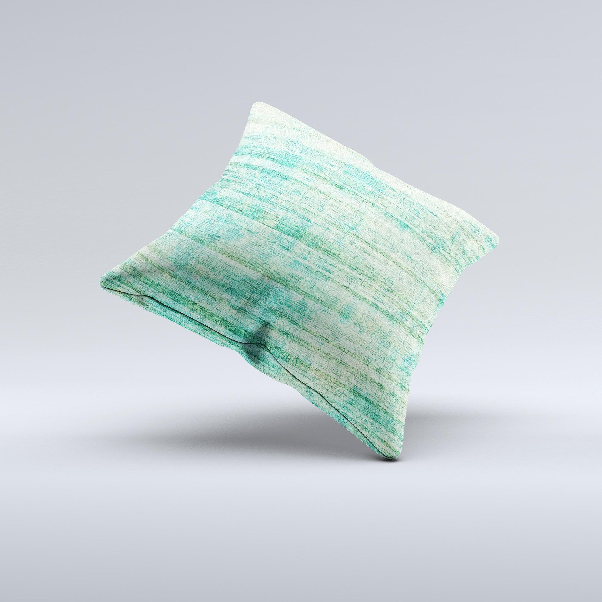 Grungy Horizontal Green Lines decorative throw pillow with unique hand-produced design, showcasing vibrant green lines on a soft fabric.