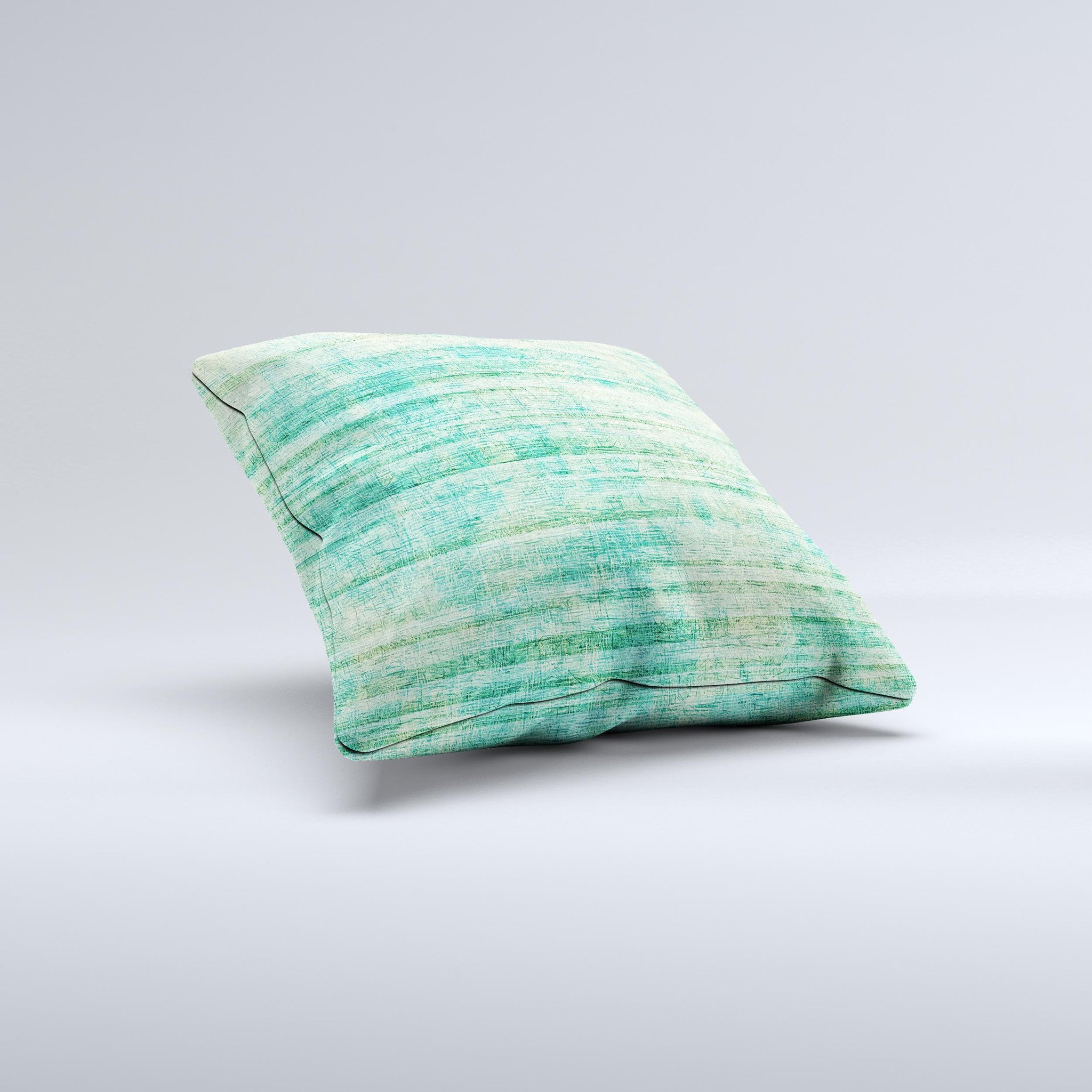Grungy Horizontal Green Lines decorative throw pillow with unique hand-produced design, showcasing vibrant green lines on a soft fabric.