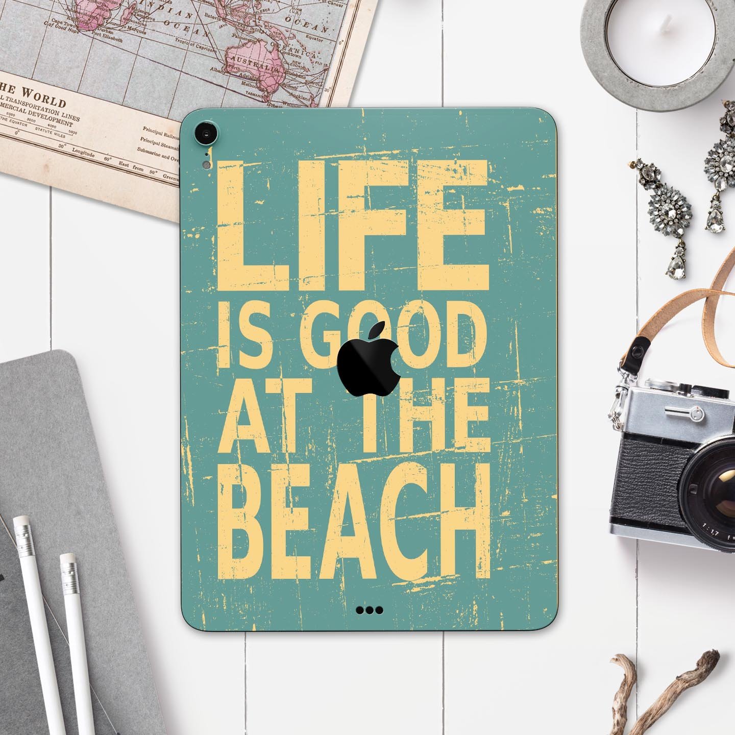 Grungy Life Is Good At The Beach full body skin decal for Apple devices, showcasing vibrant beach-themed graphics and premium 3M material.