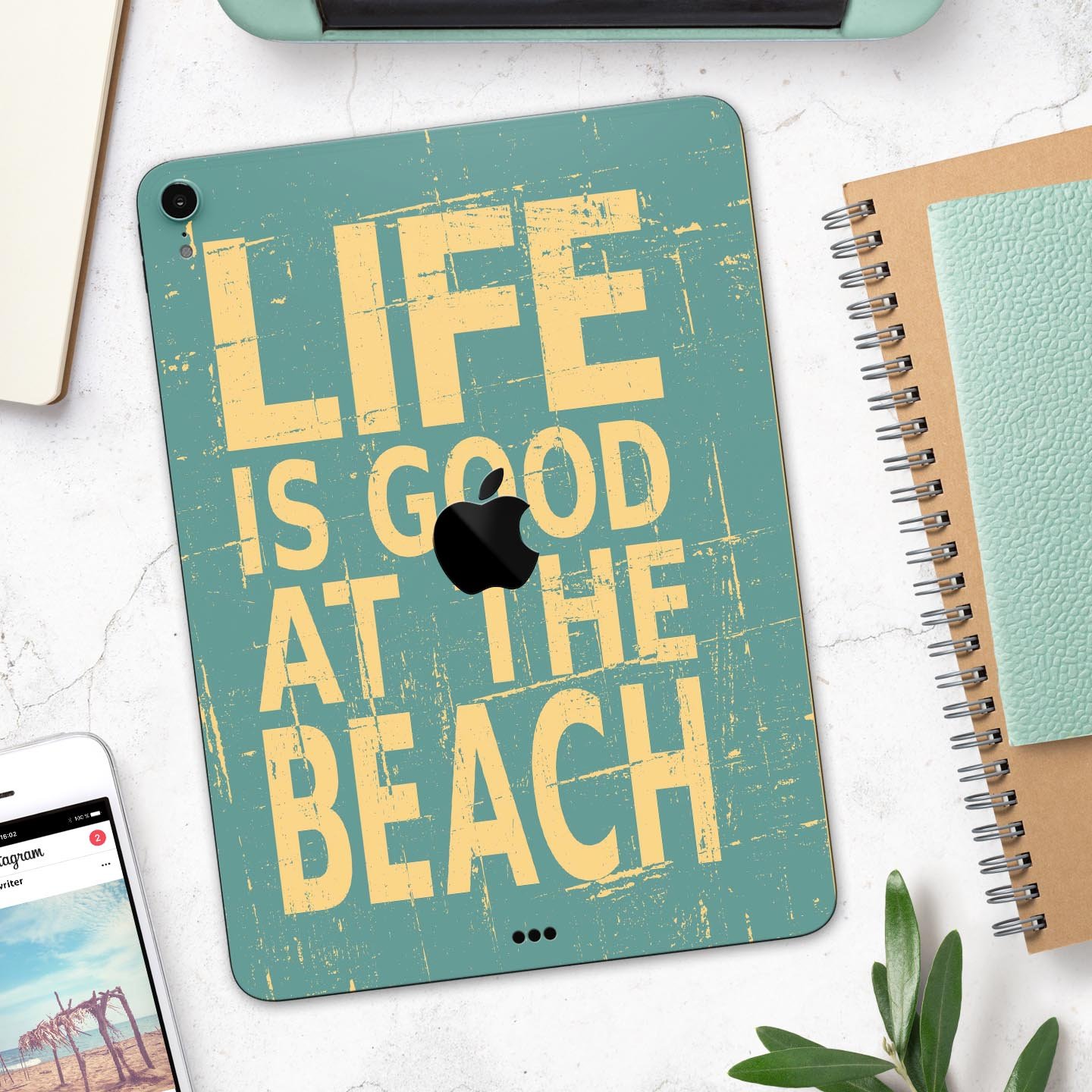 Grungy Life Is Good At The Beach full body skin decal for Apple devices, showcasing vibrant beach-themed graphics and premium 3M material.
