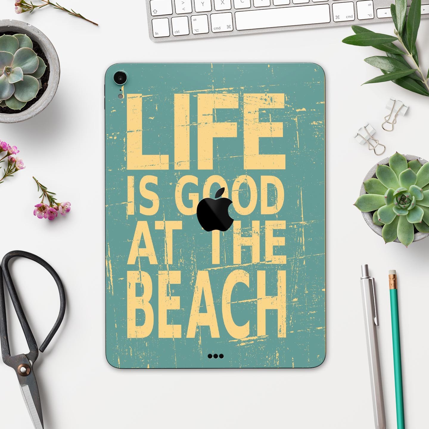 Grungy Life Is Good At The Beach full body skin decal for Apple devices, showcasing vibrant beach-themed graphics and premium 3M material.