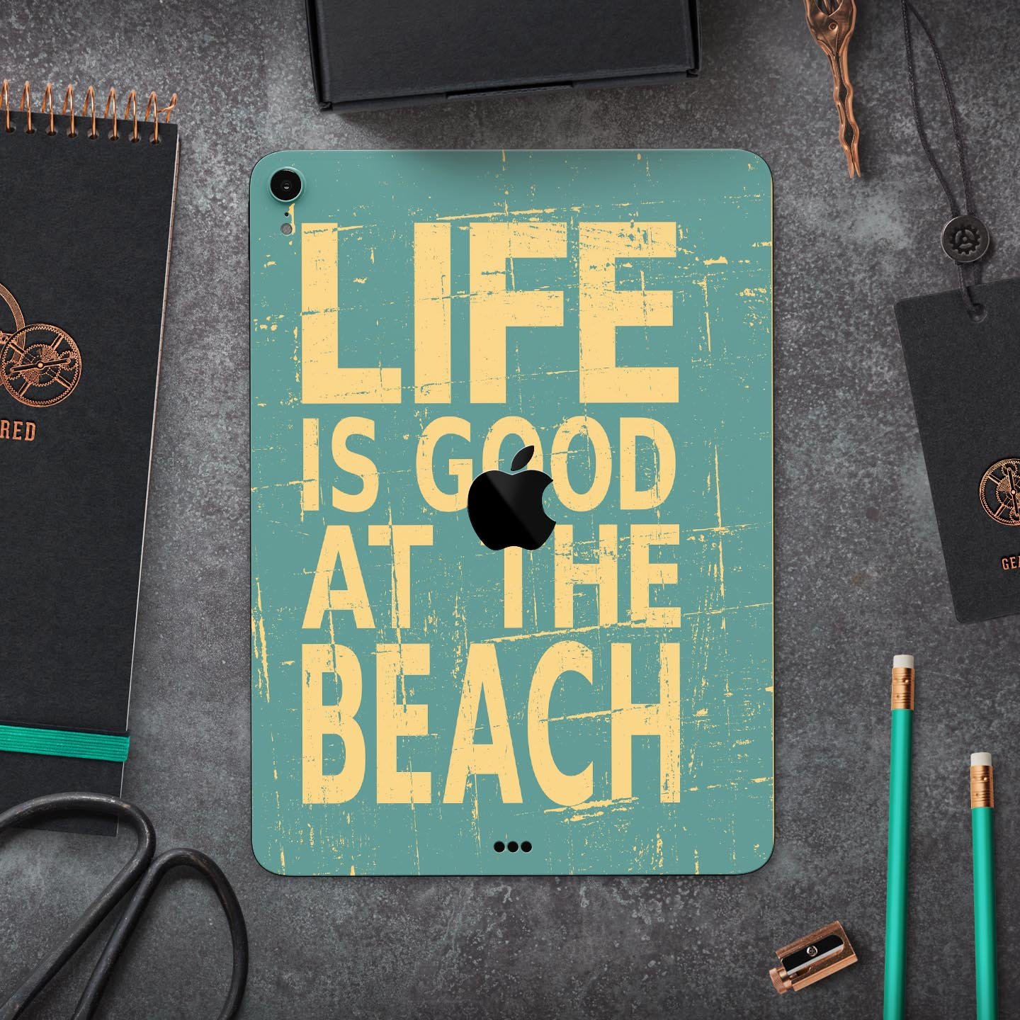 Grungy Life Is Good At The Beach full body skin decal for Apple devices, showcasing vibrant beach-themed graphics and premium 3M material.