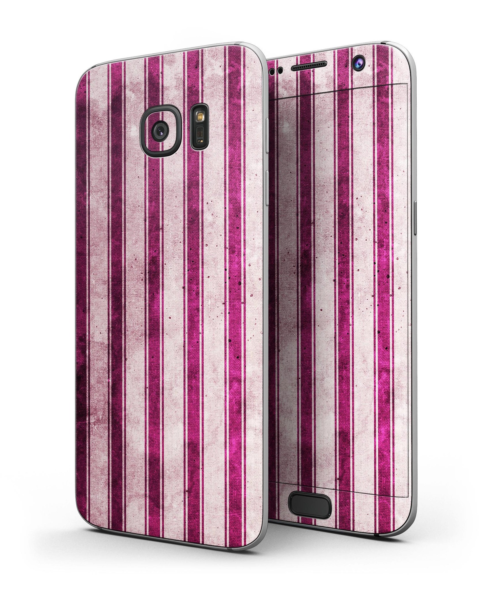 Grungy magenta and pink vertical stripes skin kit for Samsung Galaxy S7 and S7 Edge, showcasing vibrant colors and sleek design.
