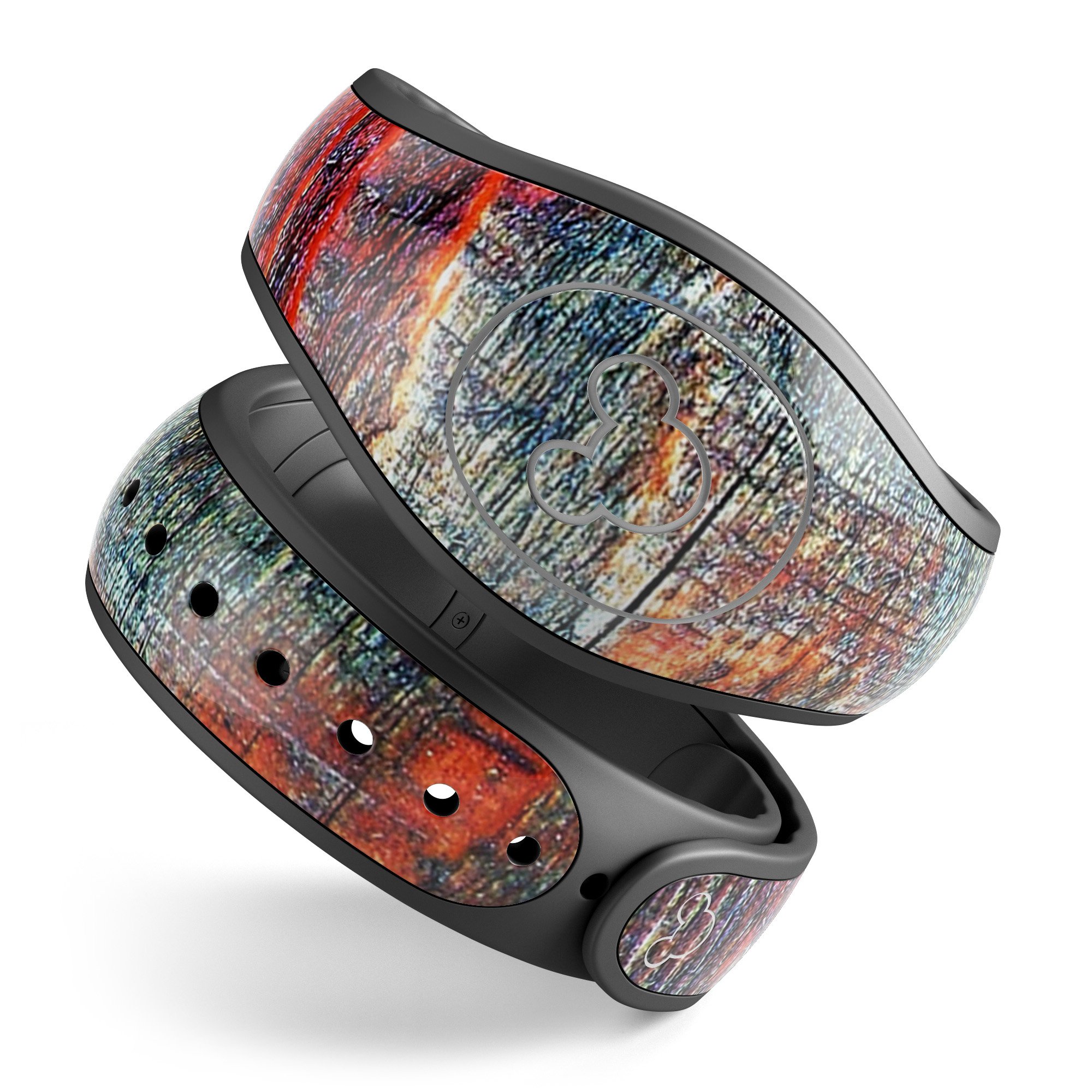 Grungy orange and teal dyed wood surface decal skin wrap for Disney Magic Band, showcasing vibrant colors and unique design.