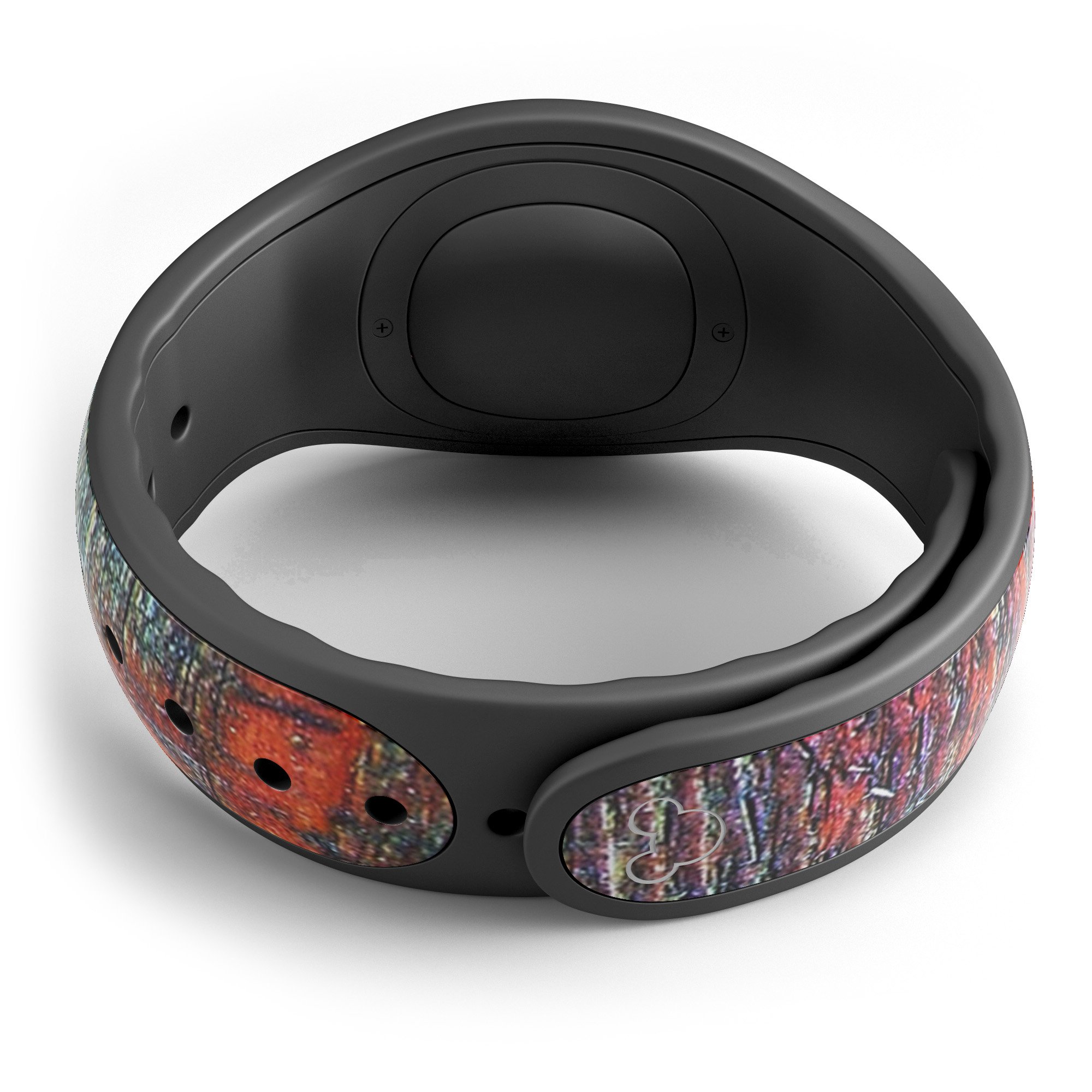 Grungy orange and teal dyed wood surface decal skin wrap for Disney Magic Band, showcasing vibrant colors and unique design.