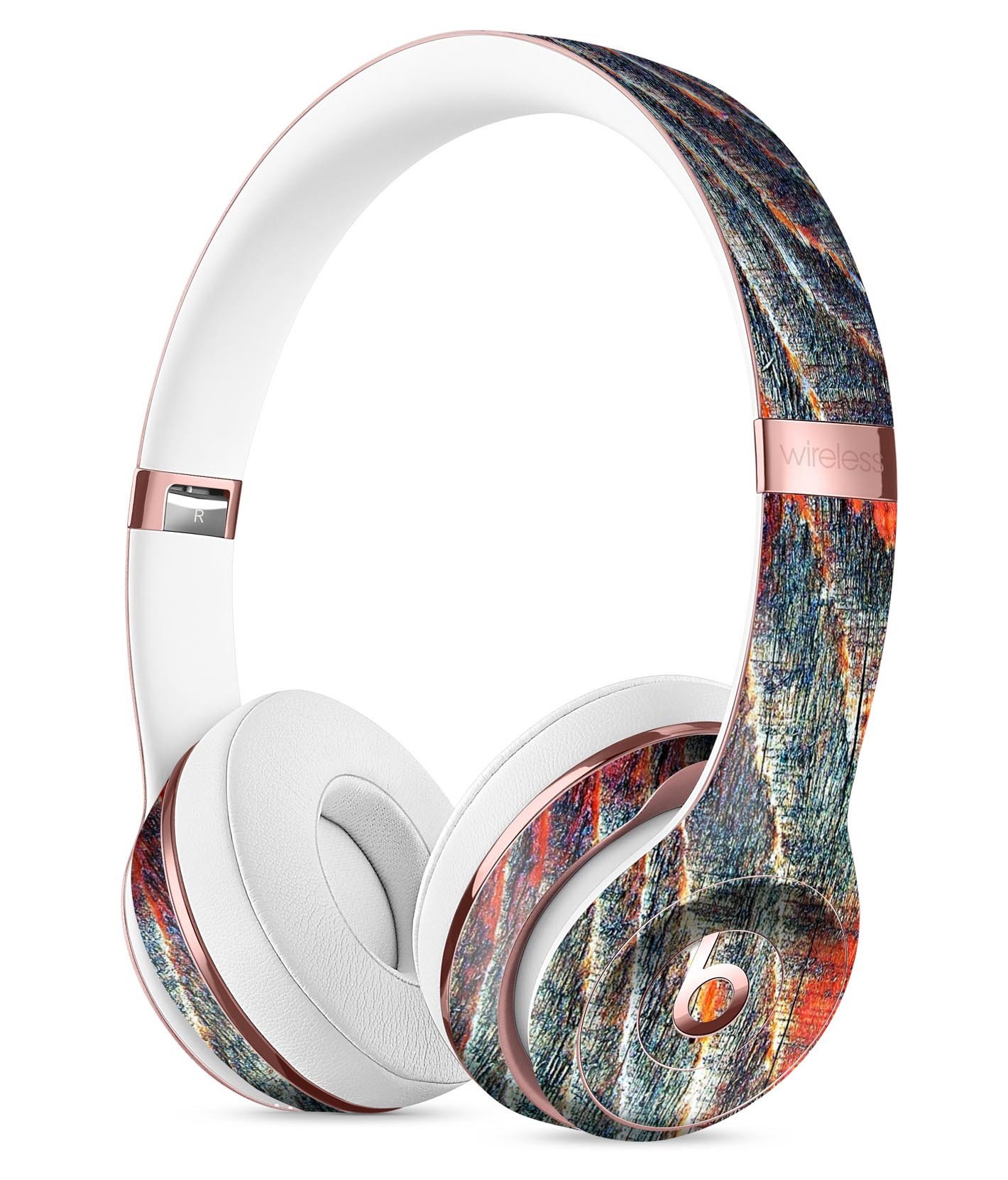 Grungy orange and teal dyed wood skin kit for Beats by Dre Solo 3 Wireless Headphones, showcasing vibrant colors and textured design.