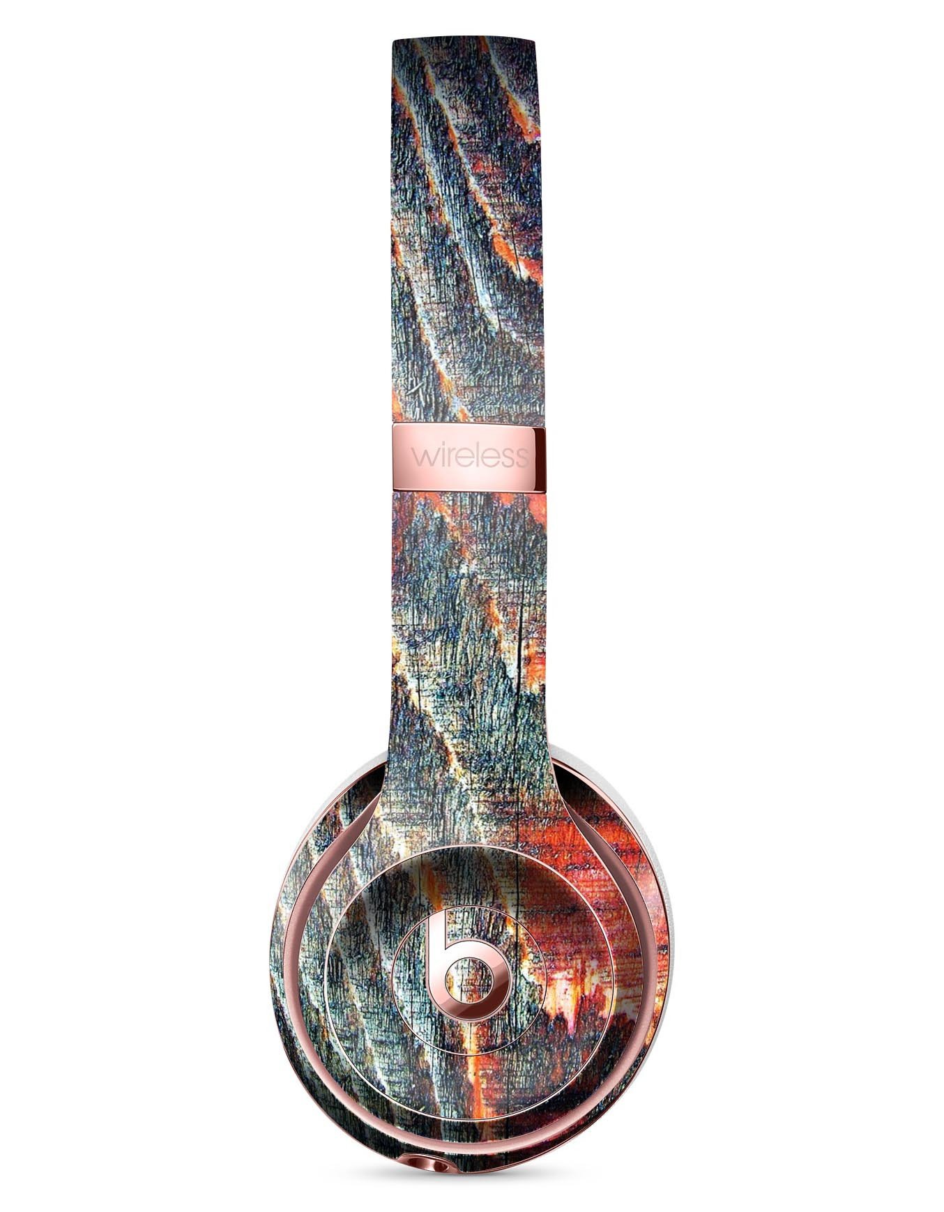 Grungy orange and teal dyed wood skin kit for Beats by Dre Solo 3 Wireless Headphones, showcasing vibrant colors and textured design.