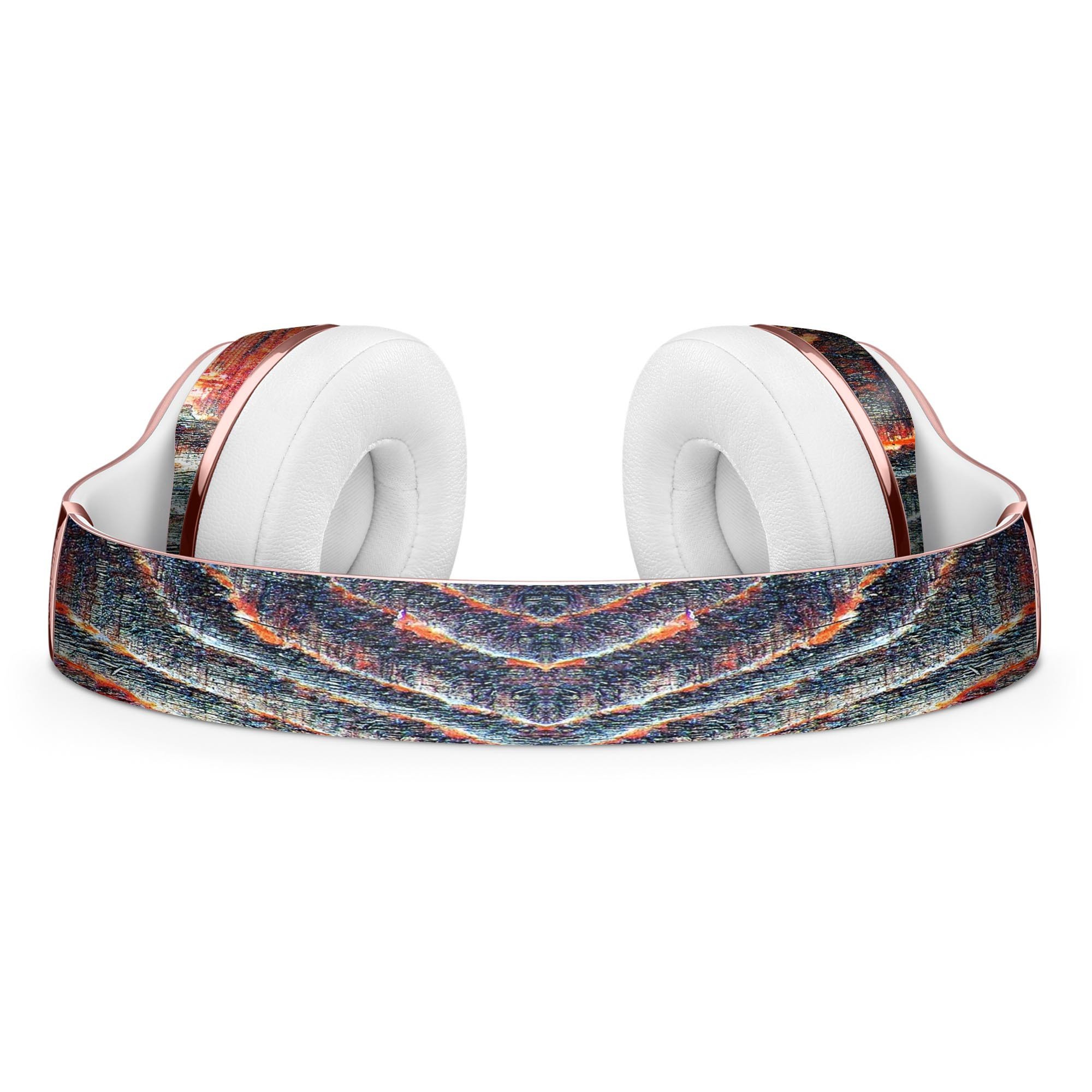 Grungy orange and teal dyed wood skin kit for Beats by Dre Solo 3 Wireless Headphones, showcasing vibrant colors and textured design.