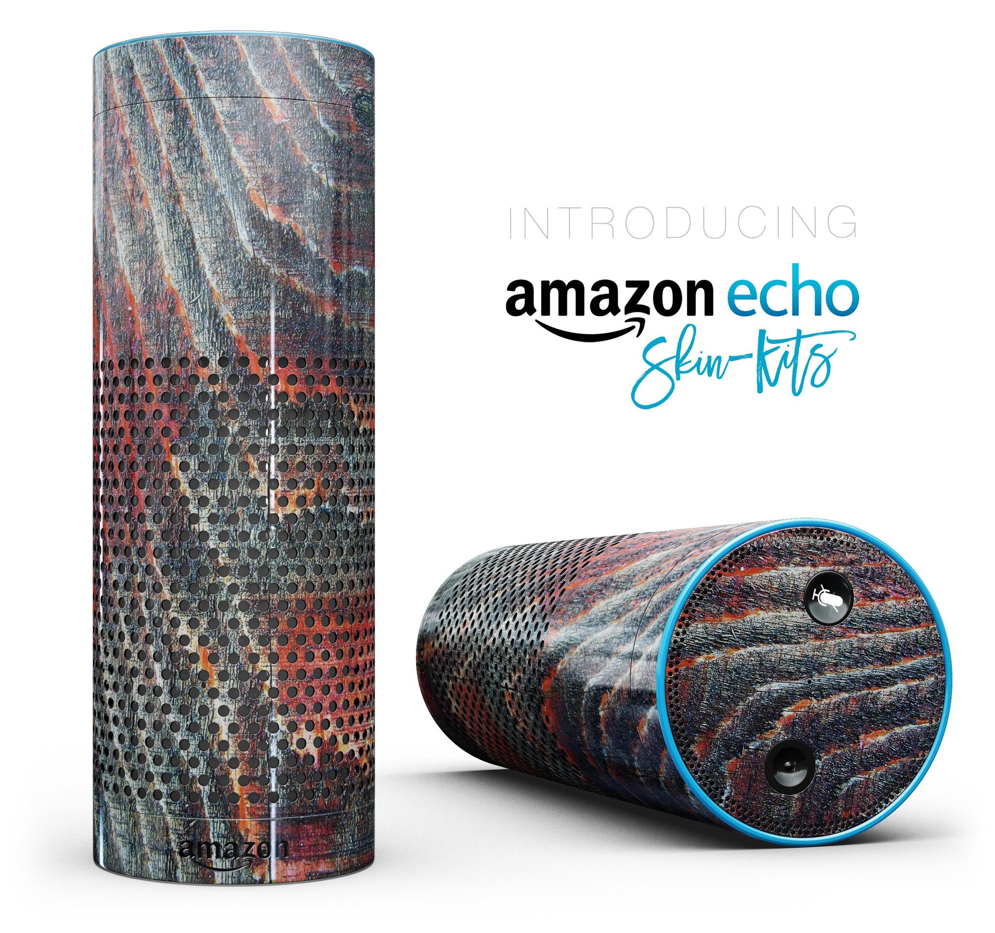 Grungy orange and teal dyed wood skin-kit for Amazon Echo, showcasing vibrant colors and precise cut for full-body protection.