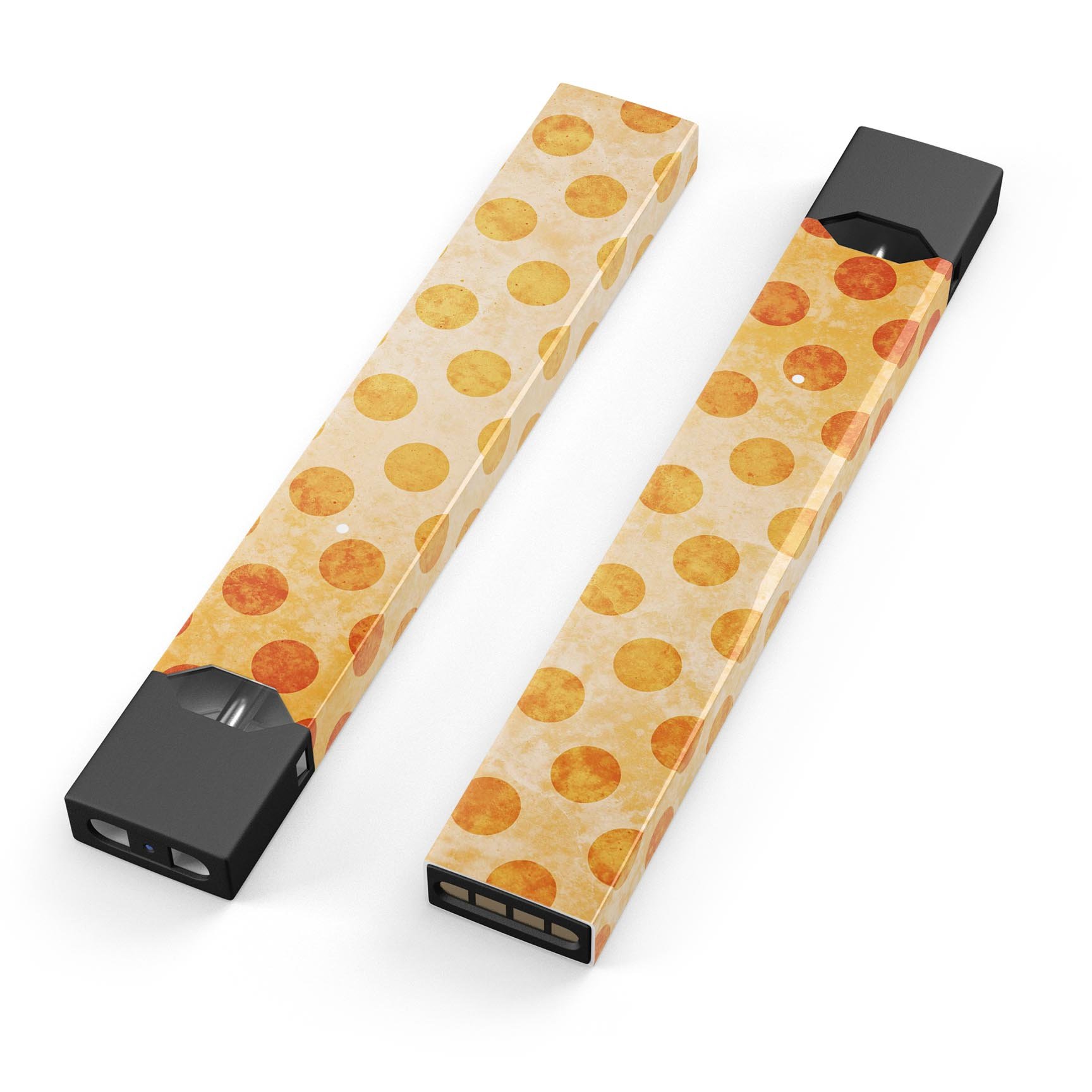 Grungy orange polka dots decal on a muted coral background designed for JUUL vaping device, showcasing vibrant colors and a stylish pattern.