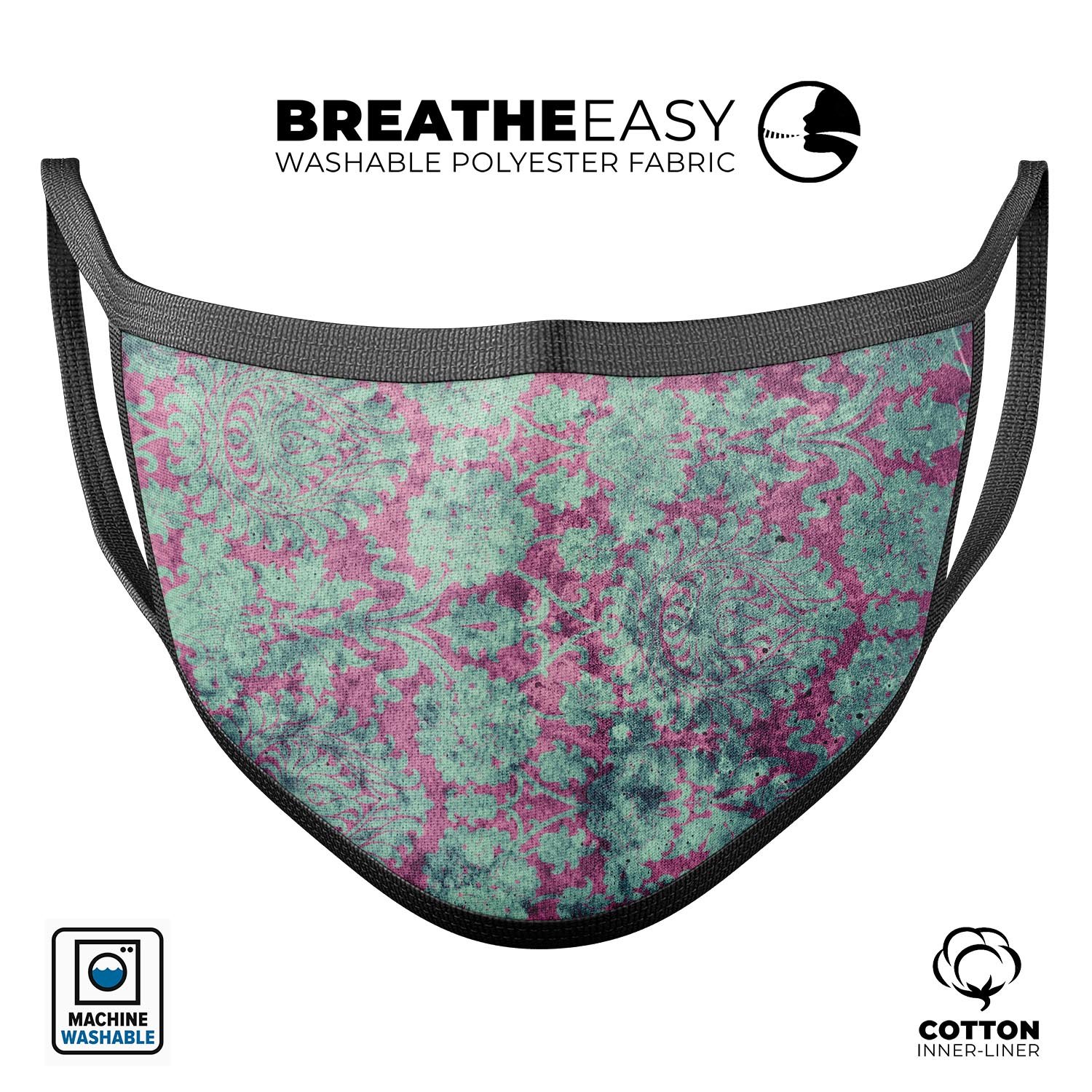 Grungy teal and pink damask pattern mouth cover, showcasing adjustable ear loops and soft cotton interior.