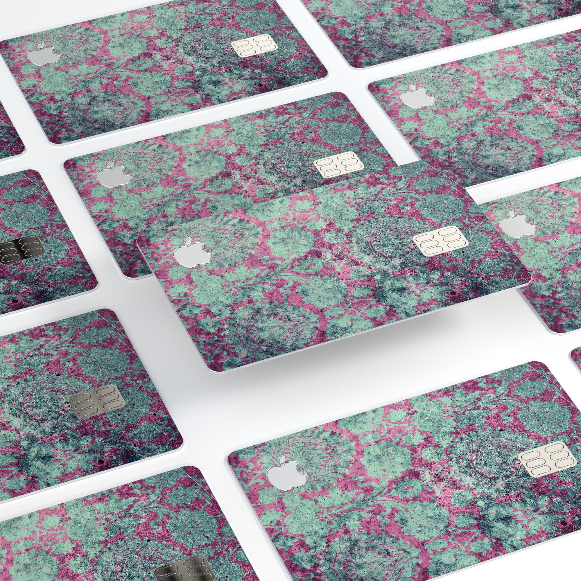 Grungy teal and pink damask pattern protective decal for Apple Card, showcasing vibrant colors and intricate design.