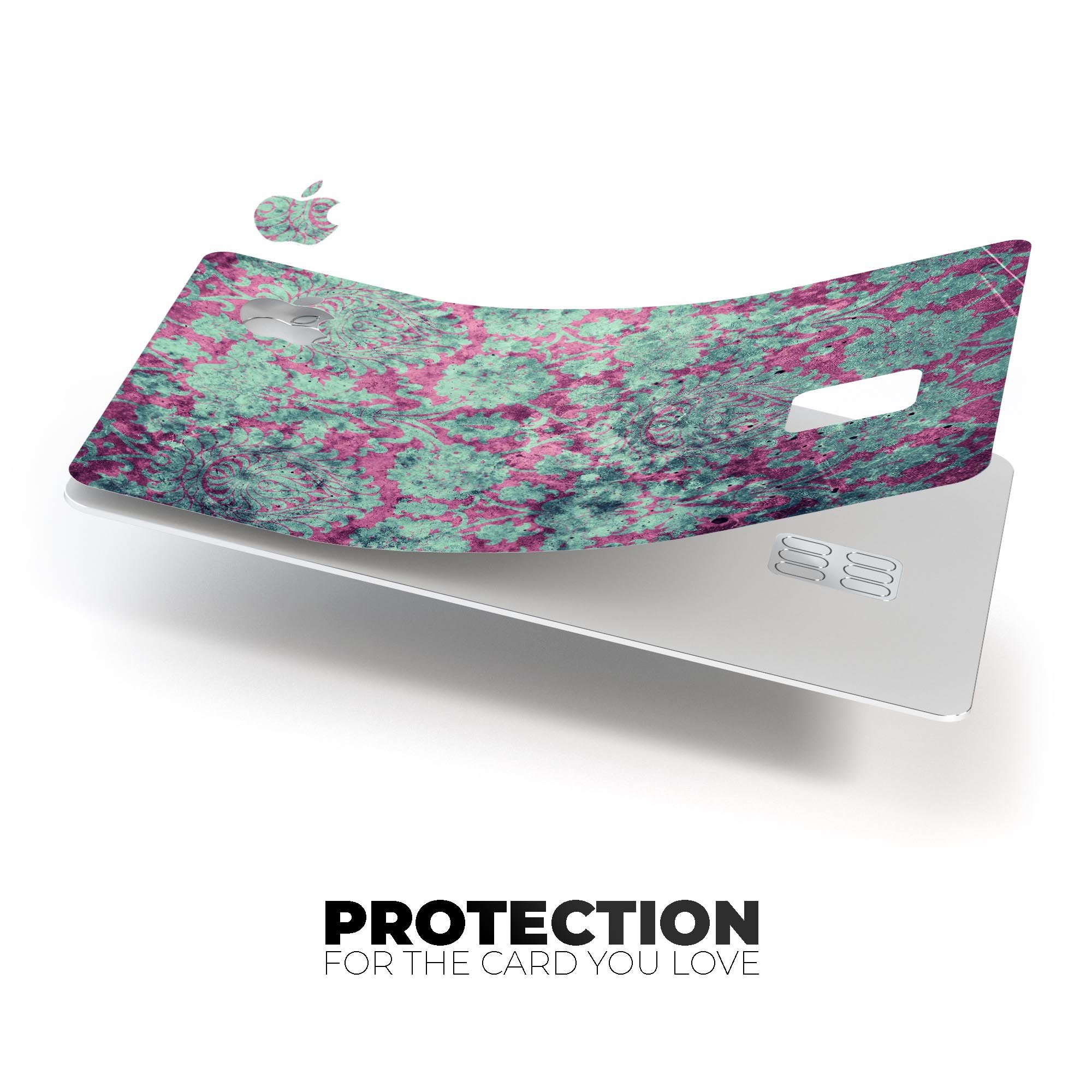 Grungy teal and pink damask pattern protective decal for Apple Card, showcasing vibrant colors and intricate design.