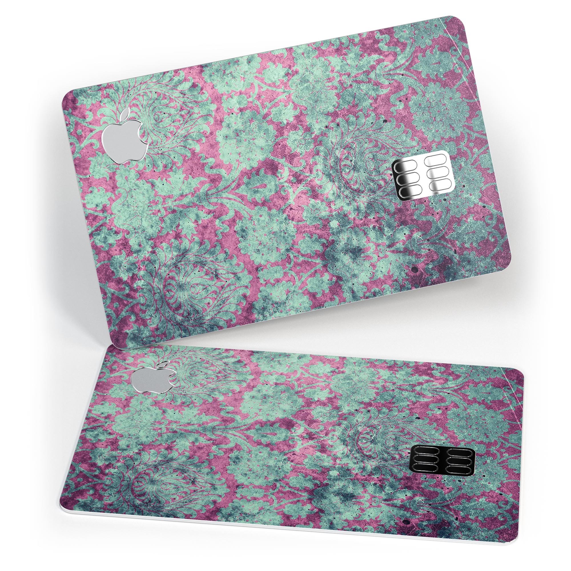 Grungy teal and pink damask pattern protective decal for Apple Card, showcasing vibrant colors and intricate design.