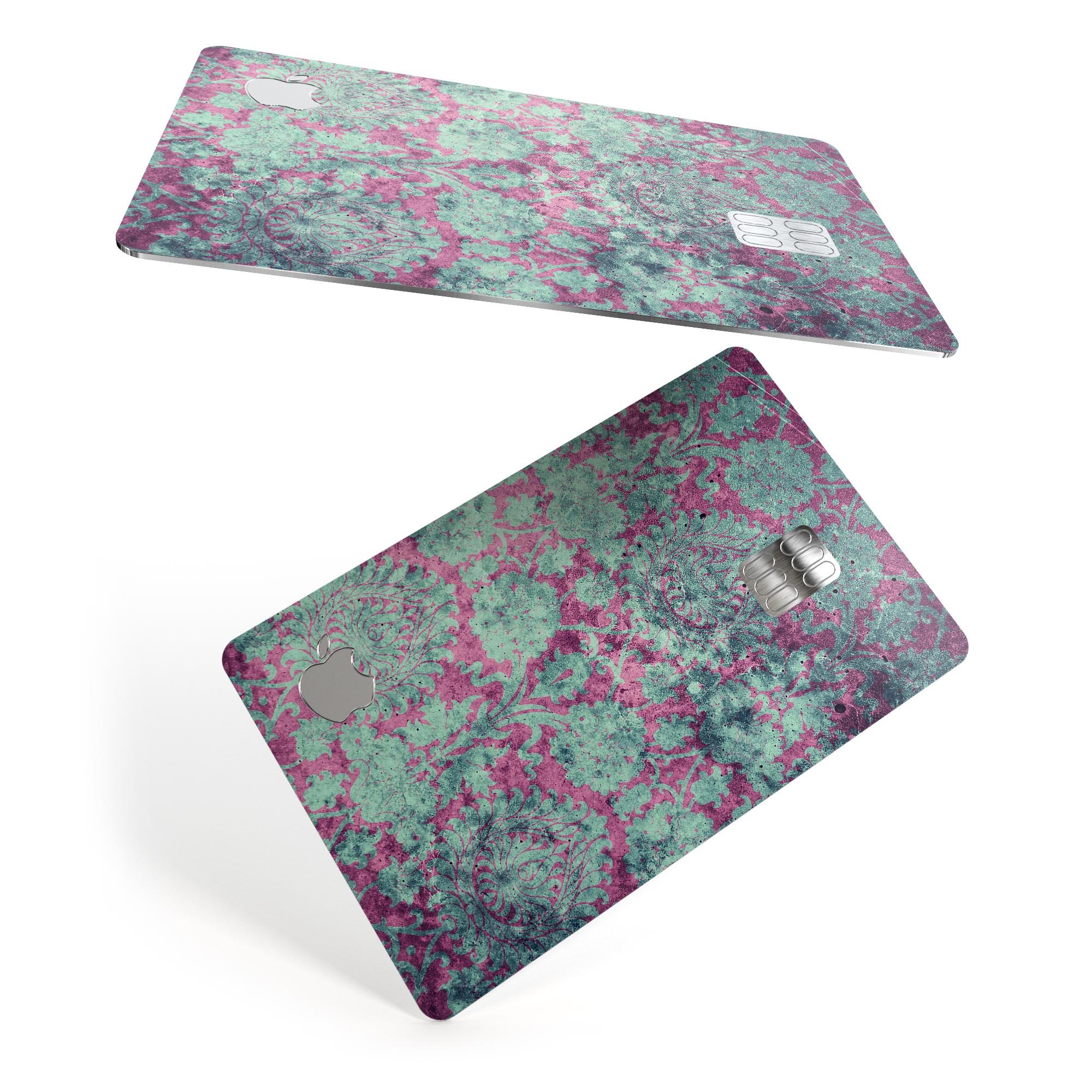 Grungy teal and pink damask pattern protective decal for Apple Card, showcasing vibrant colors and intricate design.