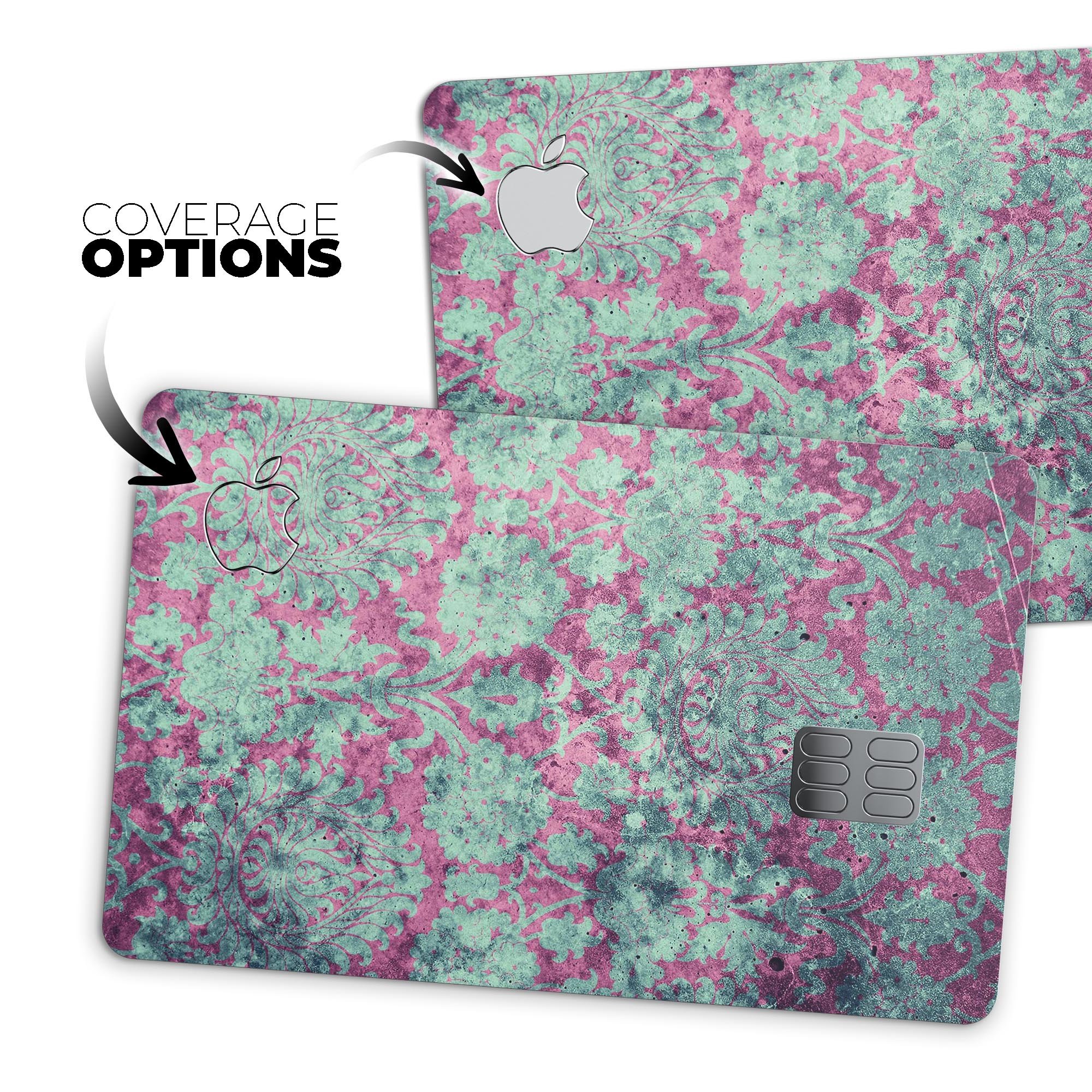 Grungy teal and pink damask pattern protective decal for Apple Card, showcasing vibrant colors and intricate design.