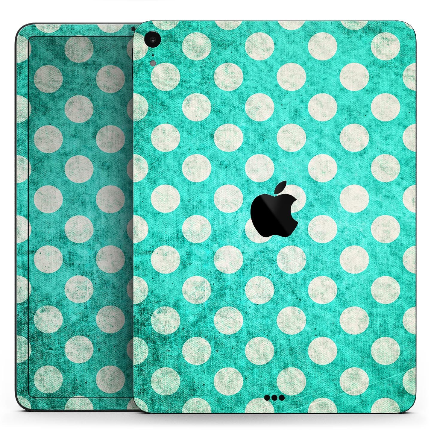 Grungy teal and white polka dots full body skin decal for Apple devices, showcasing a stylish design with premium finish.