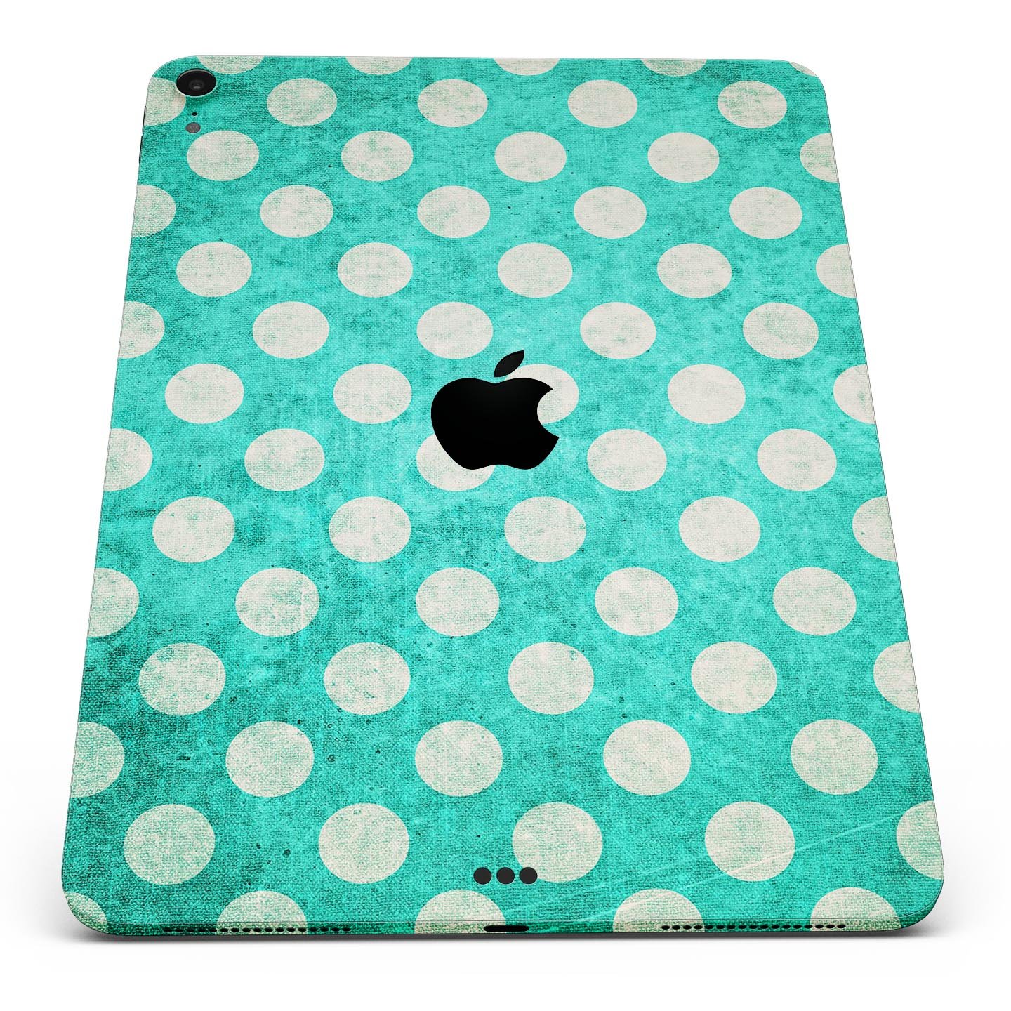 Grungy teal and white polka dots full body skin decal for Apple devices, showcasing a stylish design with premium finish.