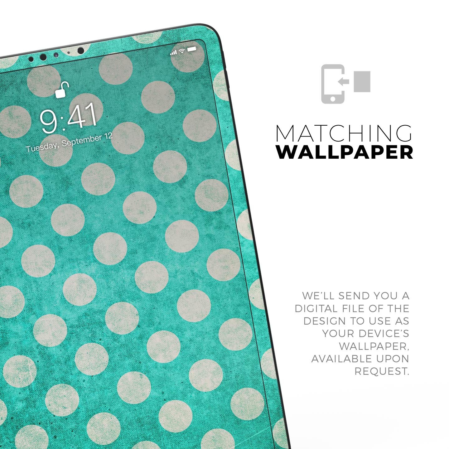 Grungy teal and white polka dots full body skin decal for Apple devices, showcasing a stylish design with premium finish.