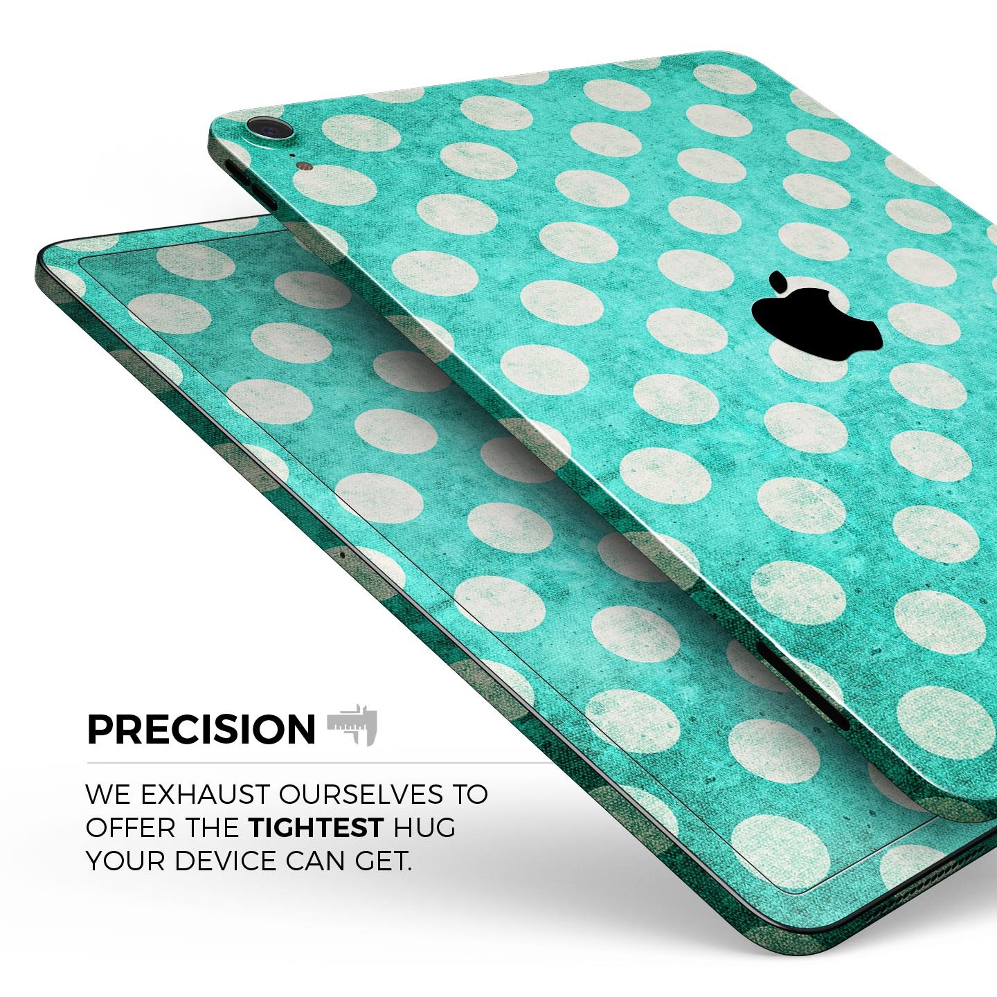 Grungy teal and white polka dots full body skin decal for Apple devices, showcasing a stylish design with premium finish.