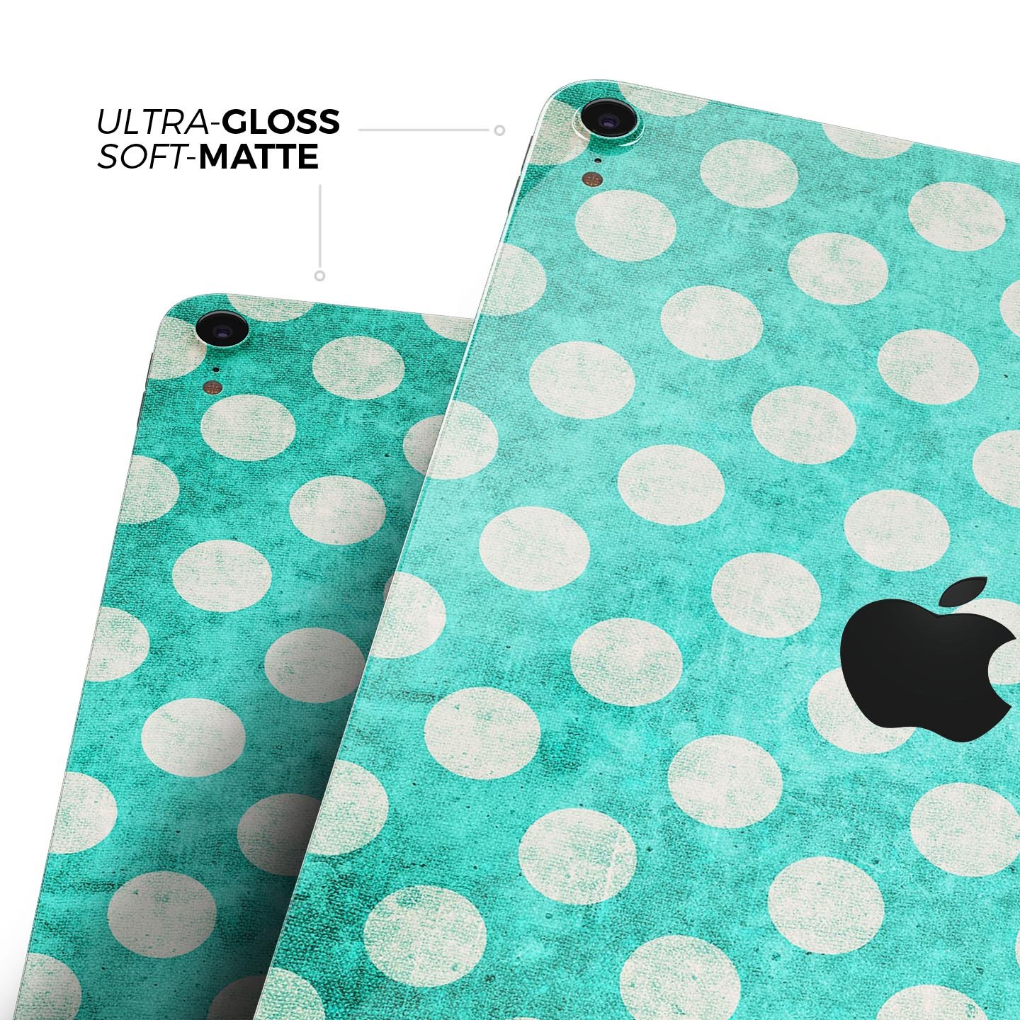 Grungy teal and white polka dots full body skin decal for Apple devices, showcasing a stylish design with premium finish.