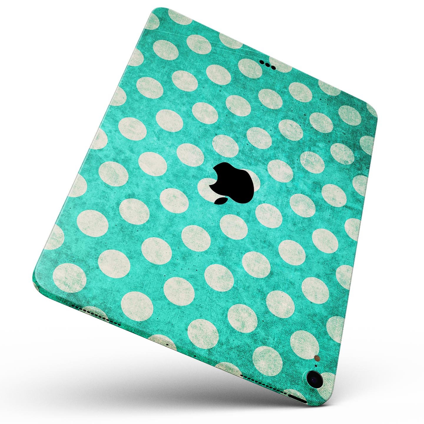 Grungy teal and white polka dots full body skin decal for Apple devices, showcasing a stylish design with premium finish.